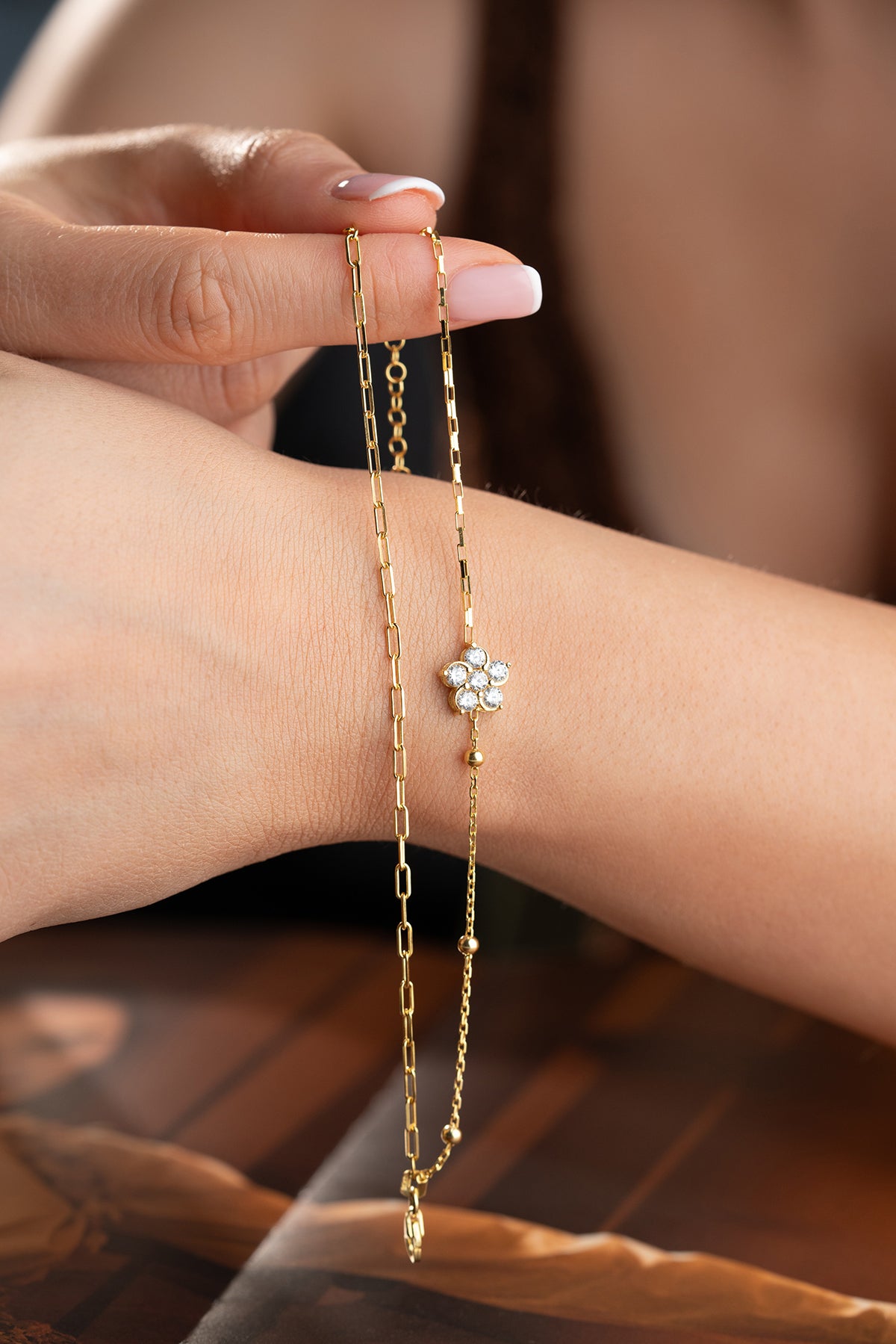 Double Chain Flower Bracelet in Gold