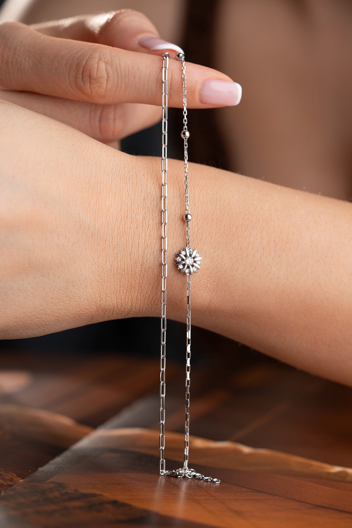 Flower Charm Layered Chain Bracelet