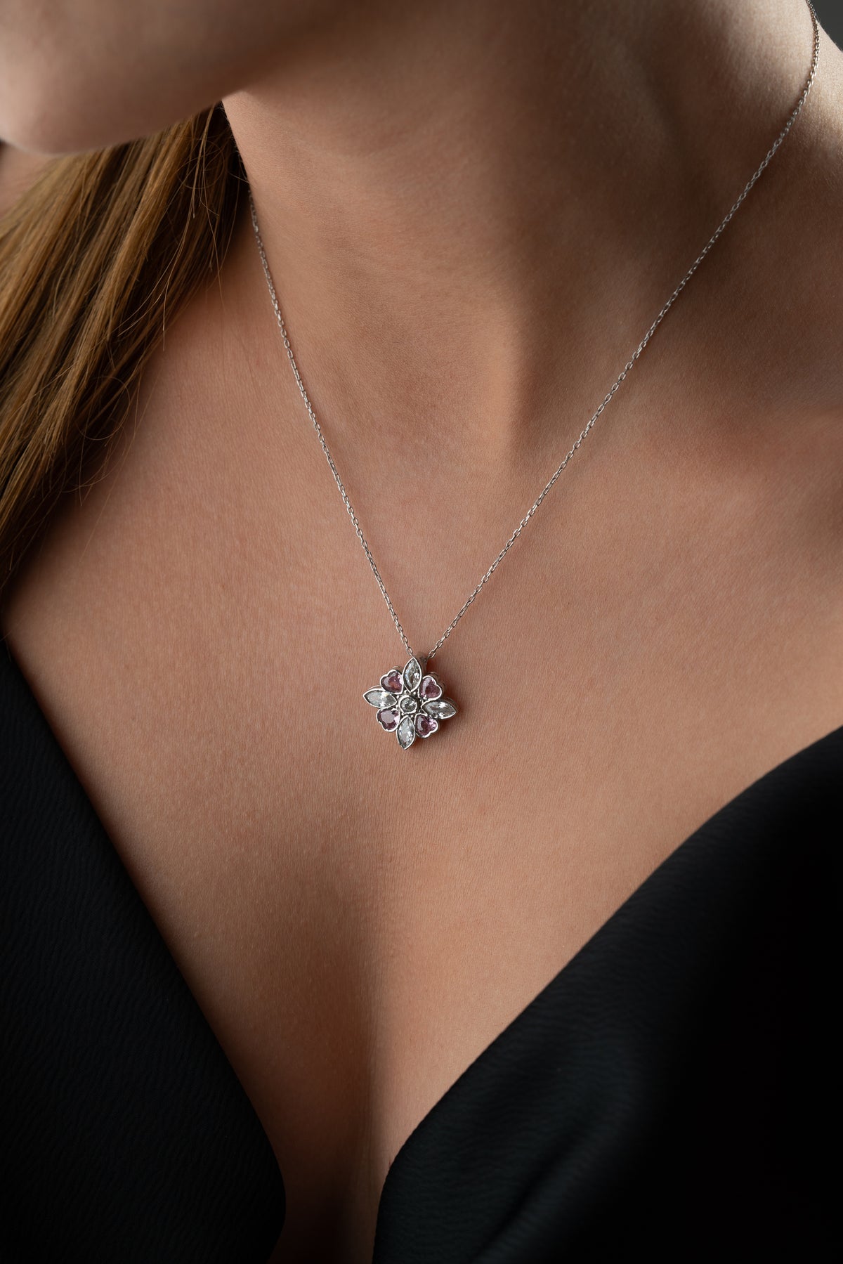 Pink Crystal Flower Pendant Necklace
