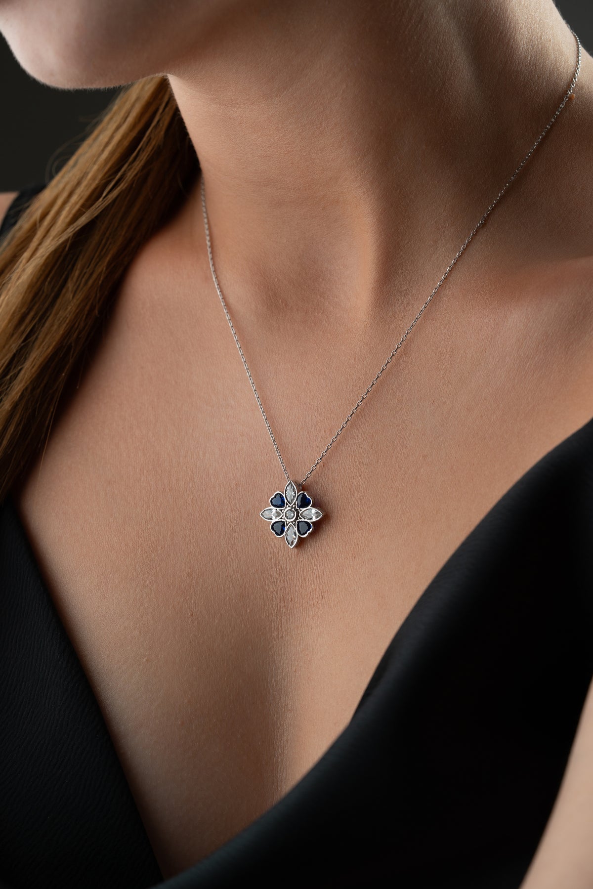 Blue Crystal Flower Pendant Necklace