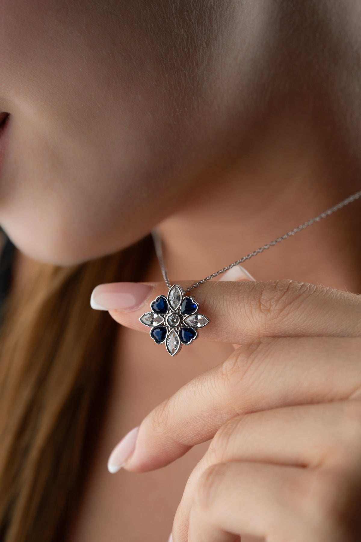 Blue Crystal Flower Pendant Necklace