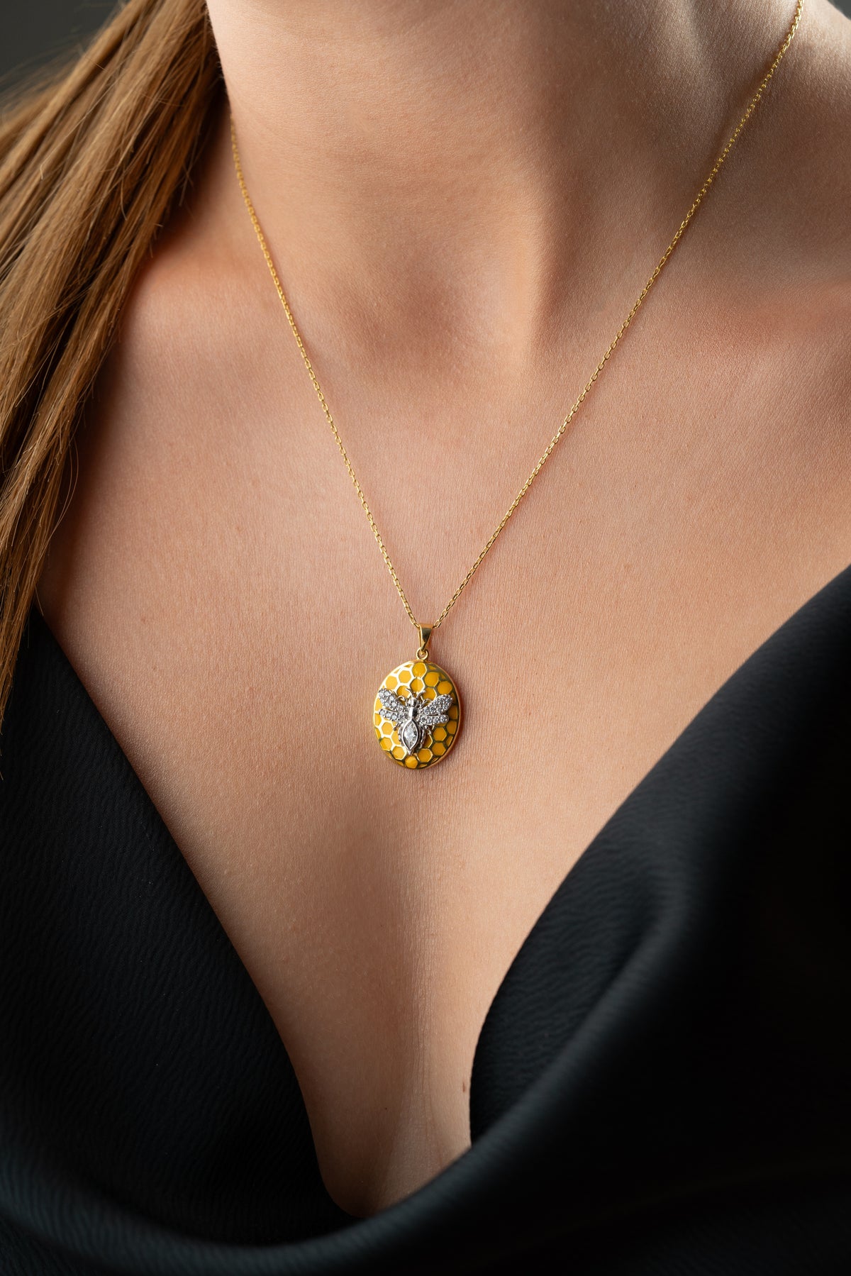 Gold Bee Honeycomb Pendant Necklace