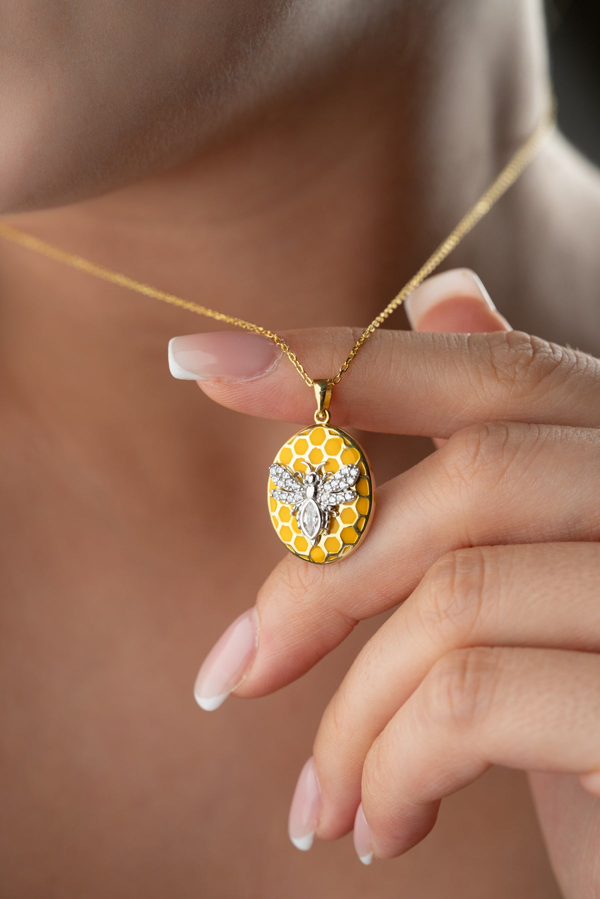 Gold Bee Honeycomb Pendant Necklace