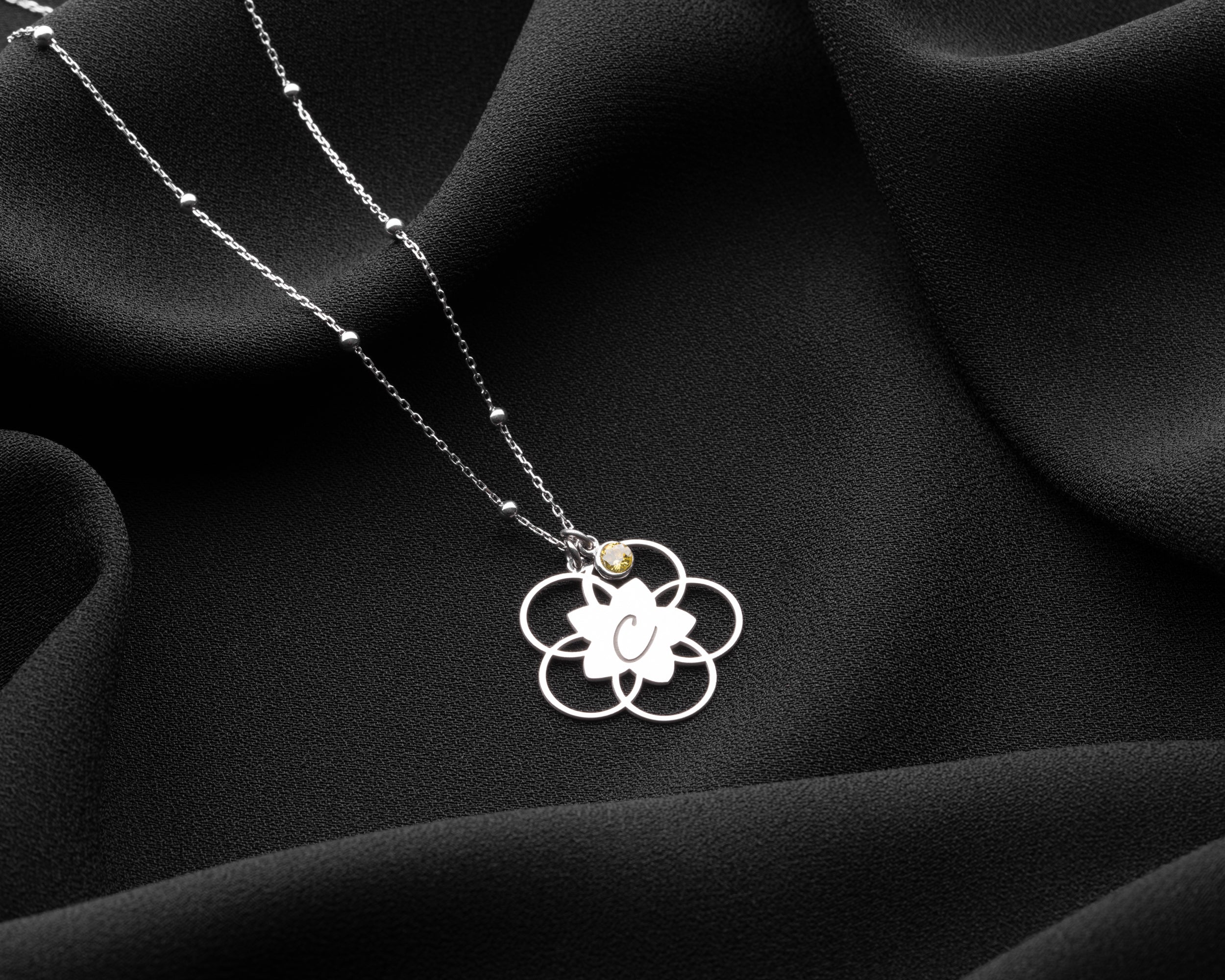 Lotus Flower Initial Birthstone Necklace