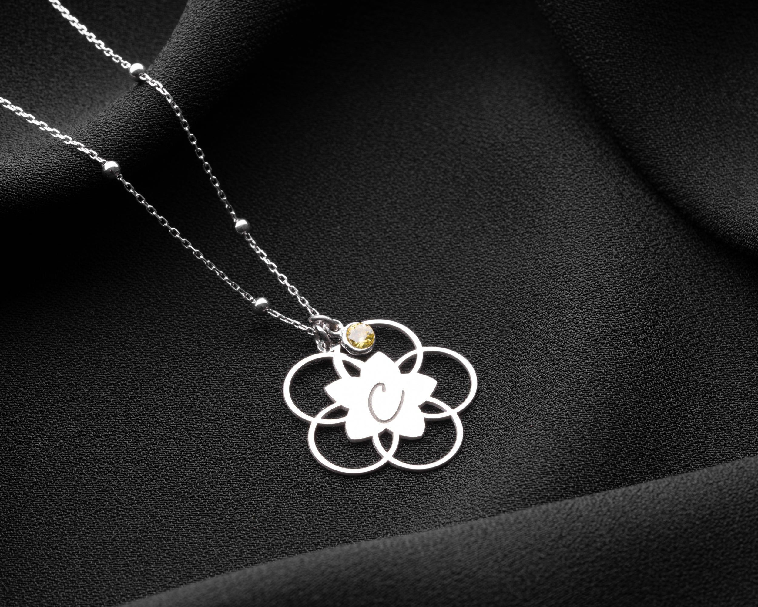 Lotus Flower Initial Birthstone Necklace