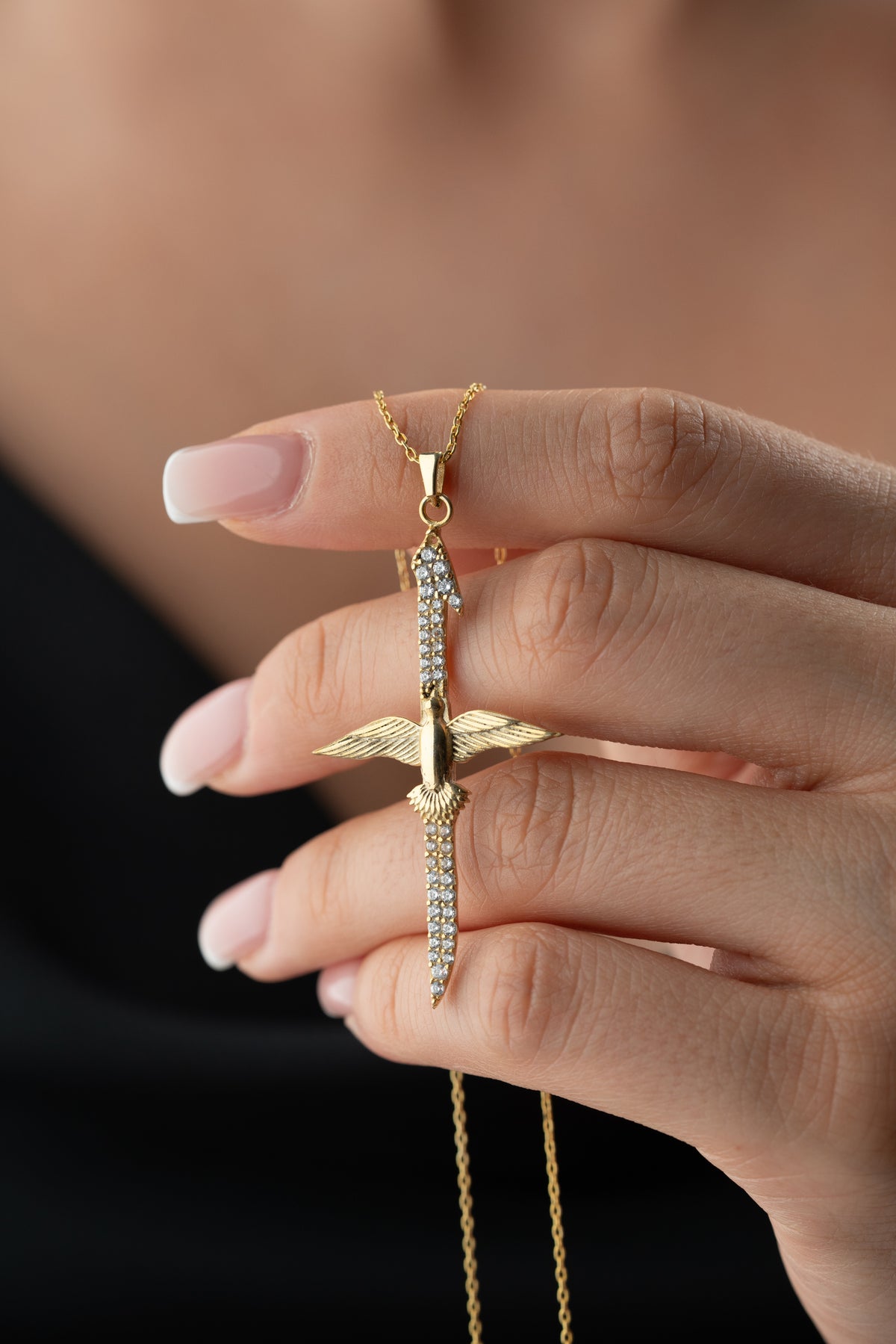 Winged Dagger Cross Necklace in Gold