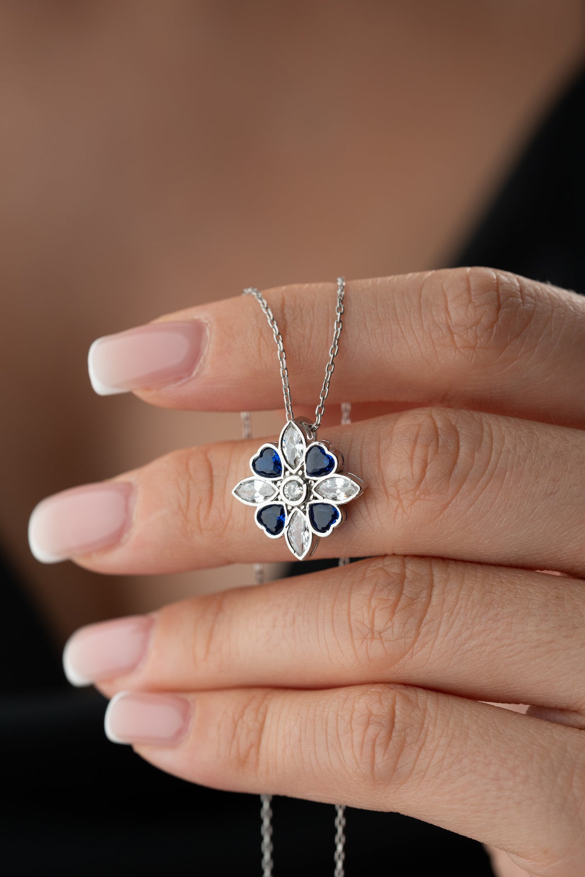 Blue Crystal Flower Pendant Necklace