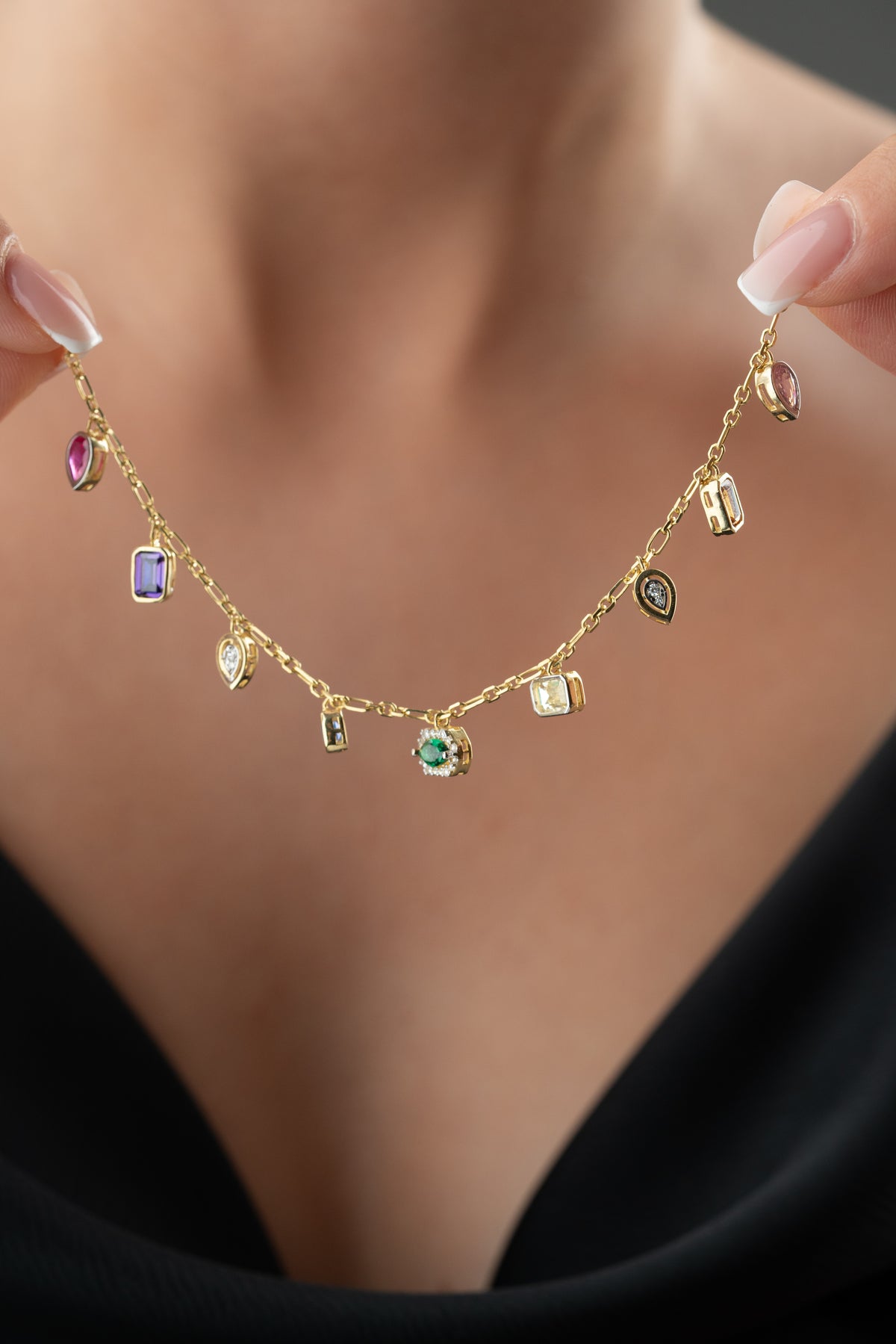 Rainbow Gemstone Charm Necklace in Gold