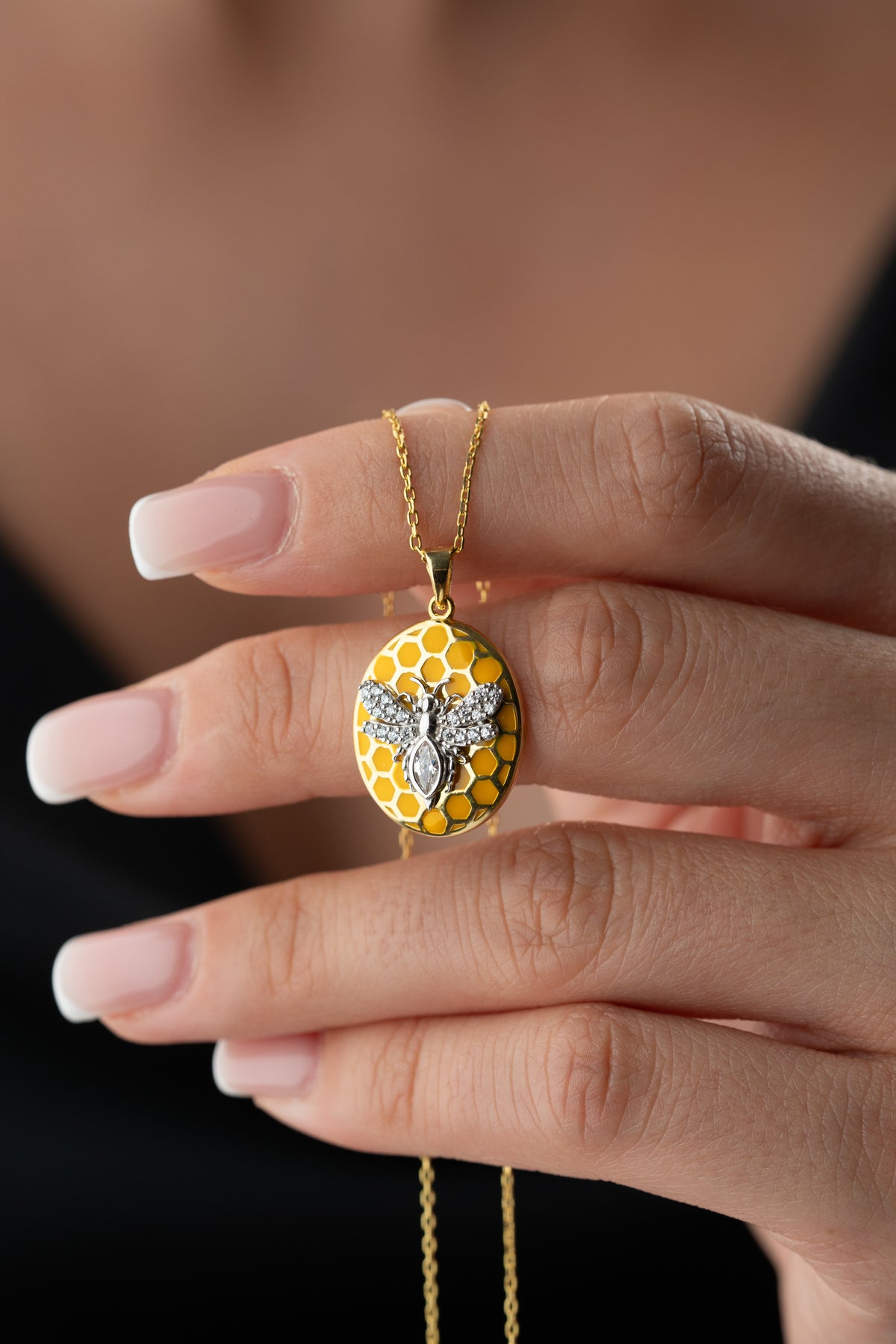 Gold Bee Honeycomb Pendant Necklace