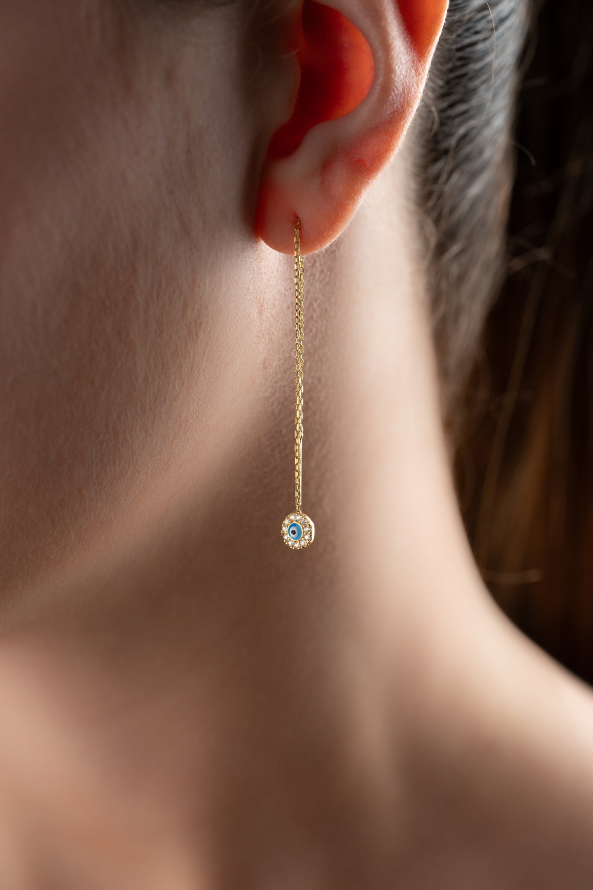 Evil Eye Threader Earrings in Gold