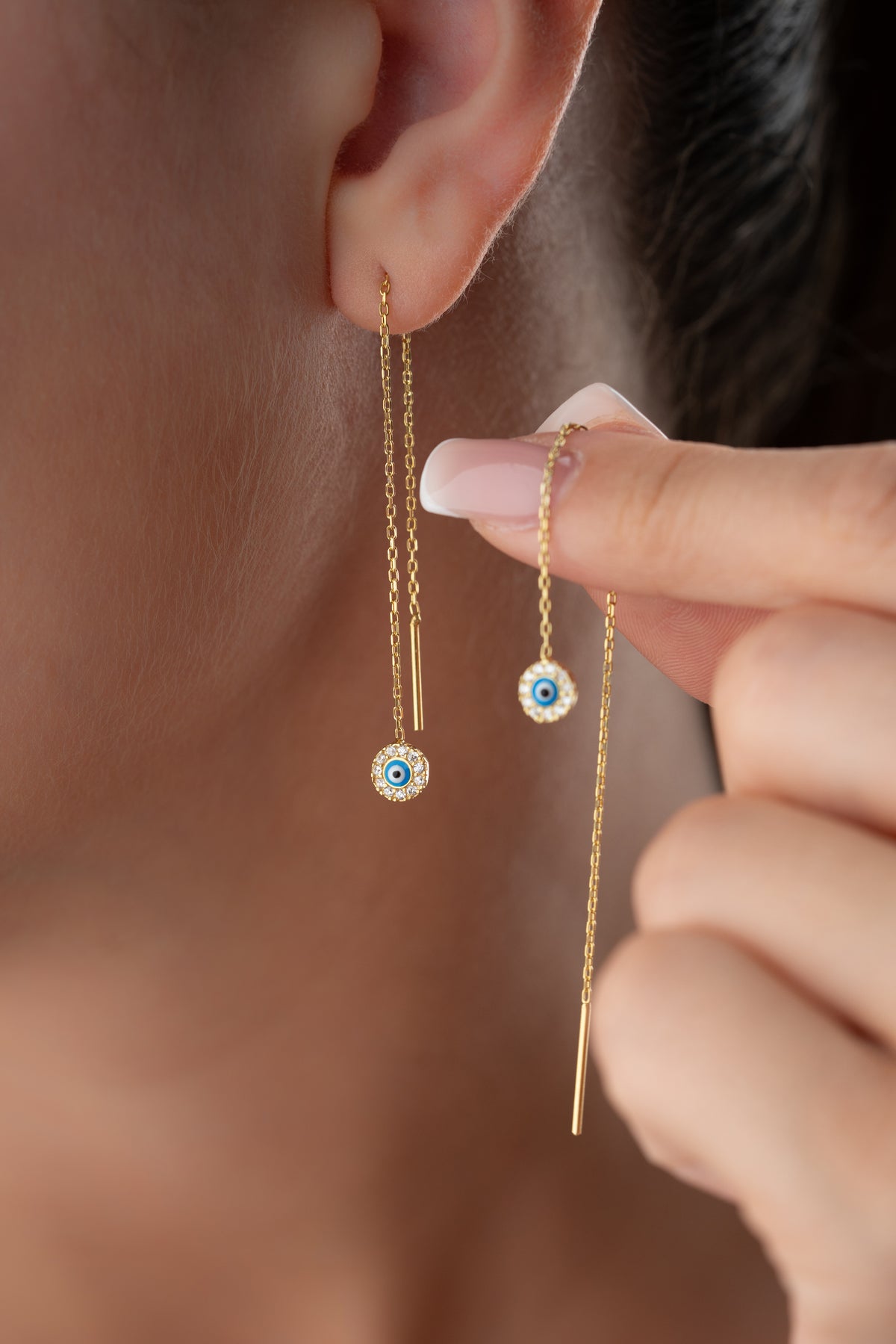 Evil Eye Threader Earrings in Gold
