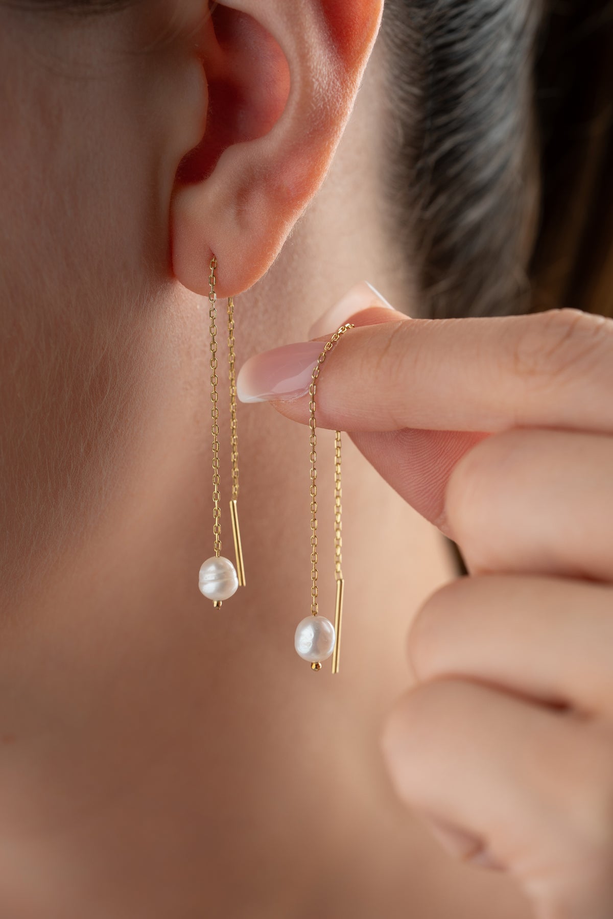 Pearl Drop Threader Earrings in Gold