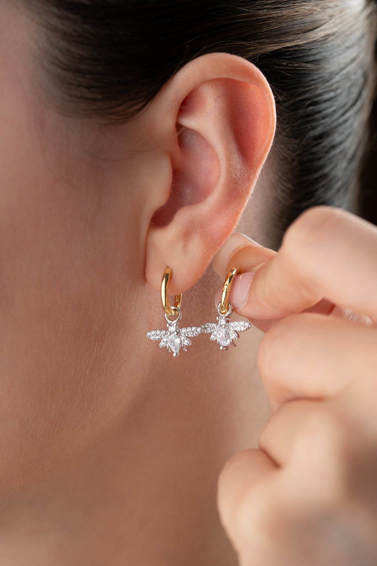 Pave Crystal Bee Charm Huggie Earrings