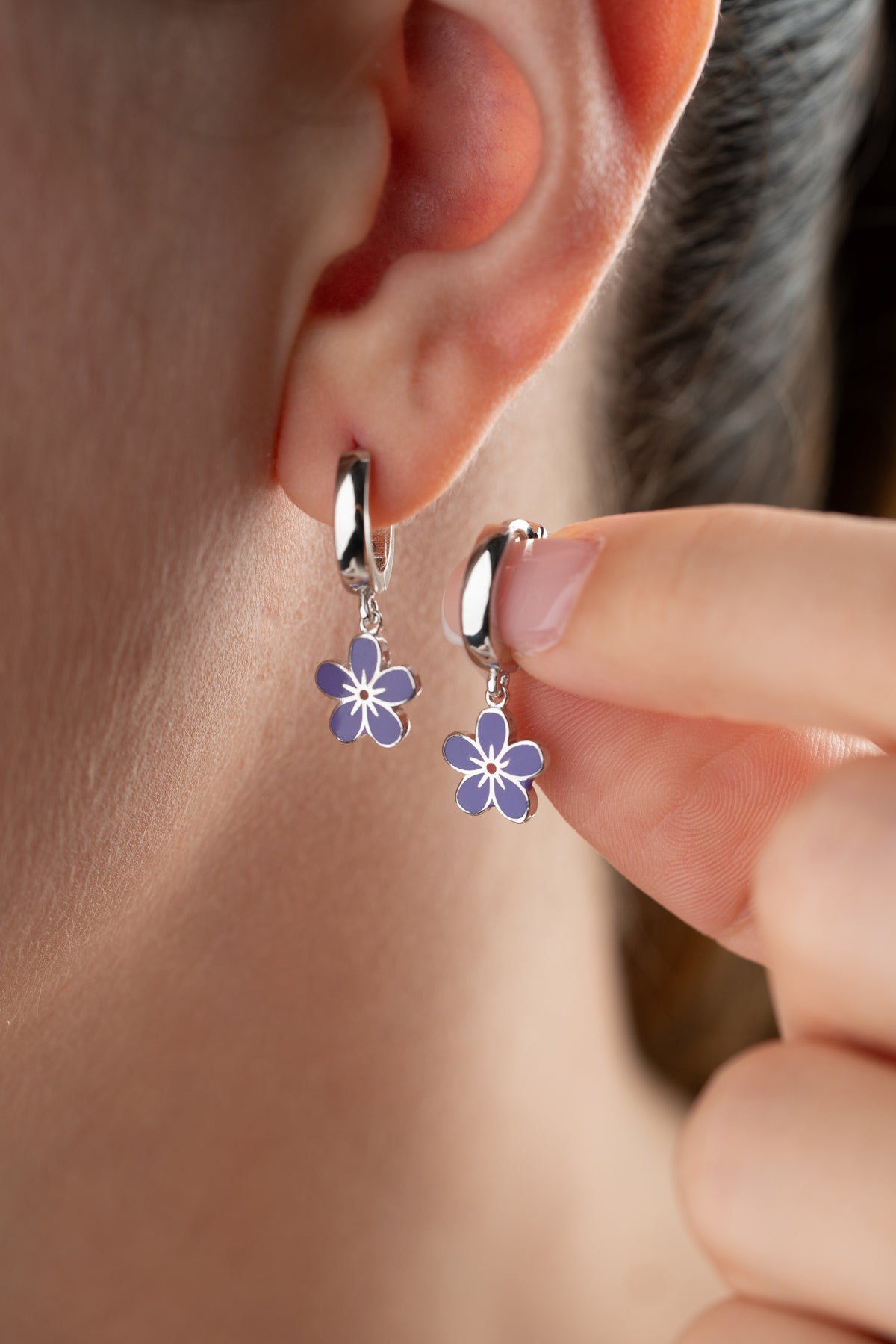 Purple Flower Huggie Hoop Earrings