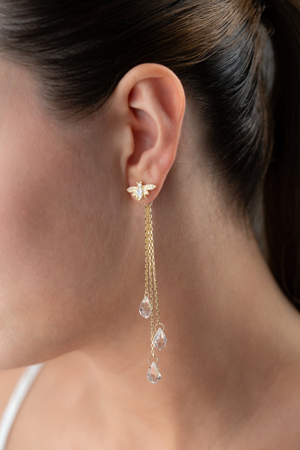 Gold Bee Crystal Tassel Earrings