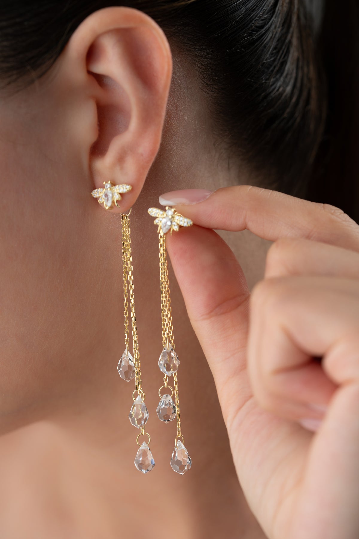 Gold Bee Crystal Tassel Earrings