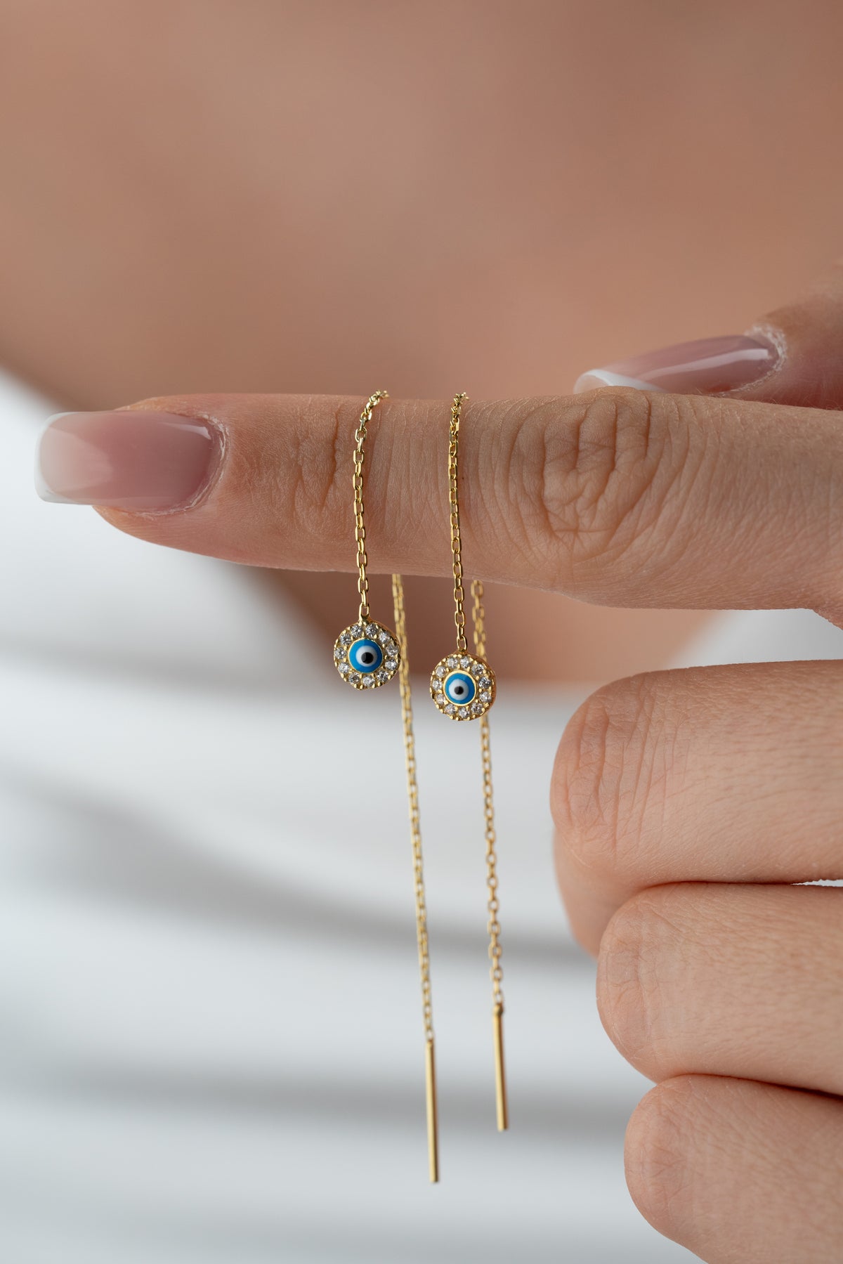 Evil Eye Threader Earrings in Gold