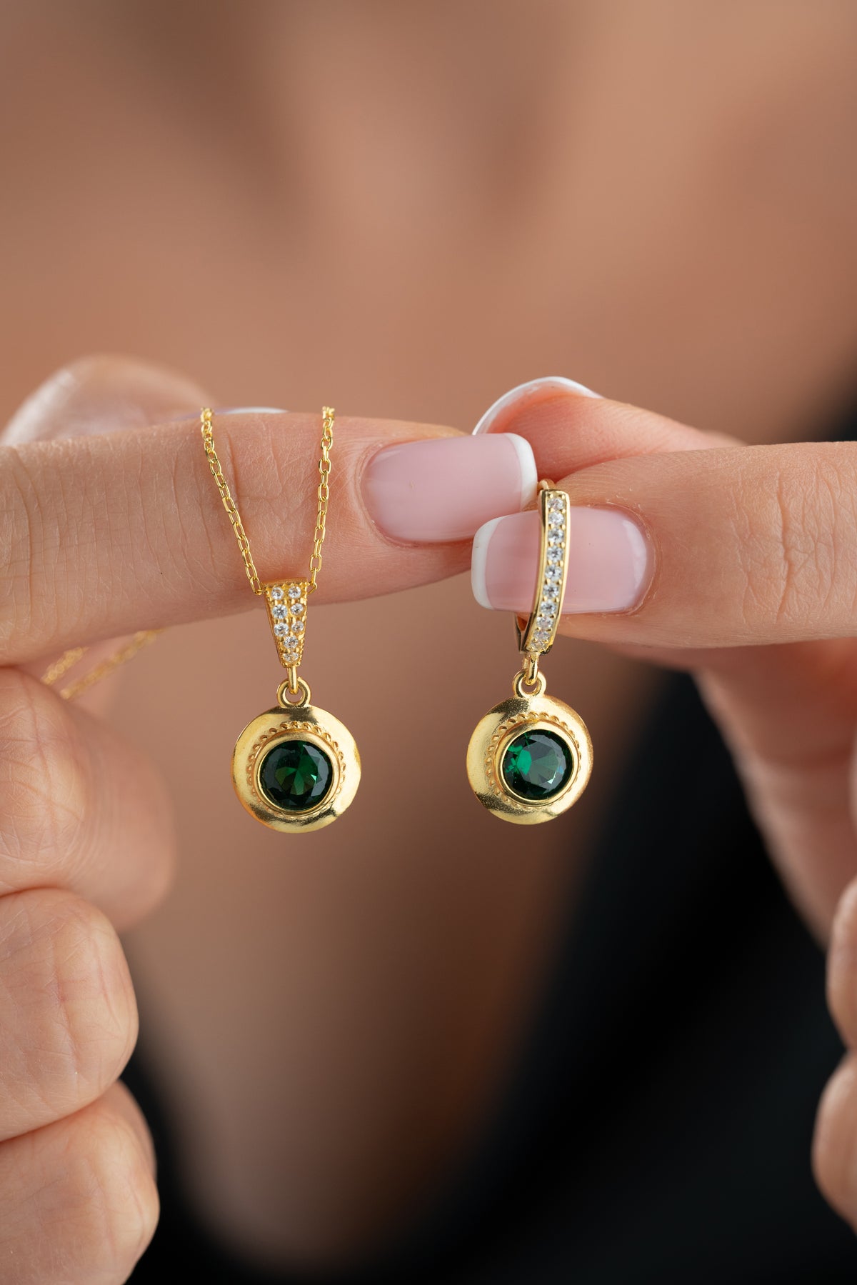 Emerald Green Halo Necklace and Earring Set
