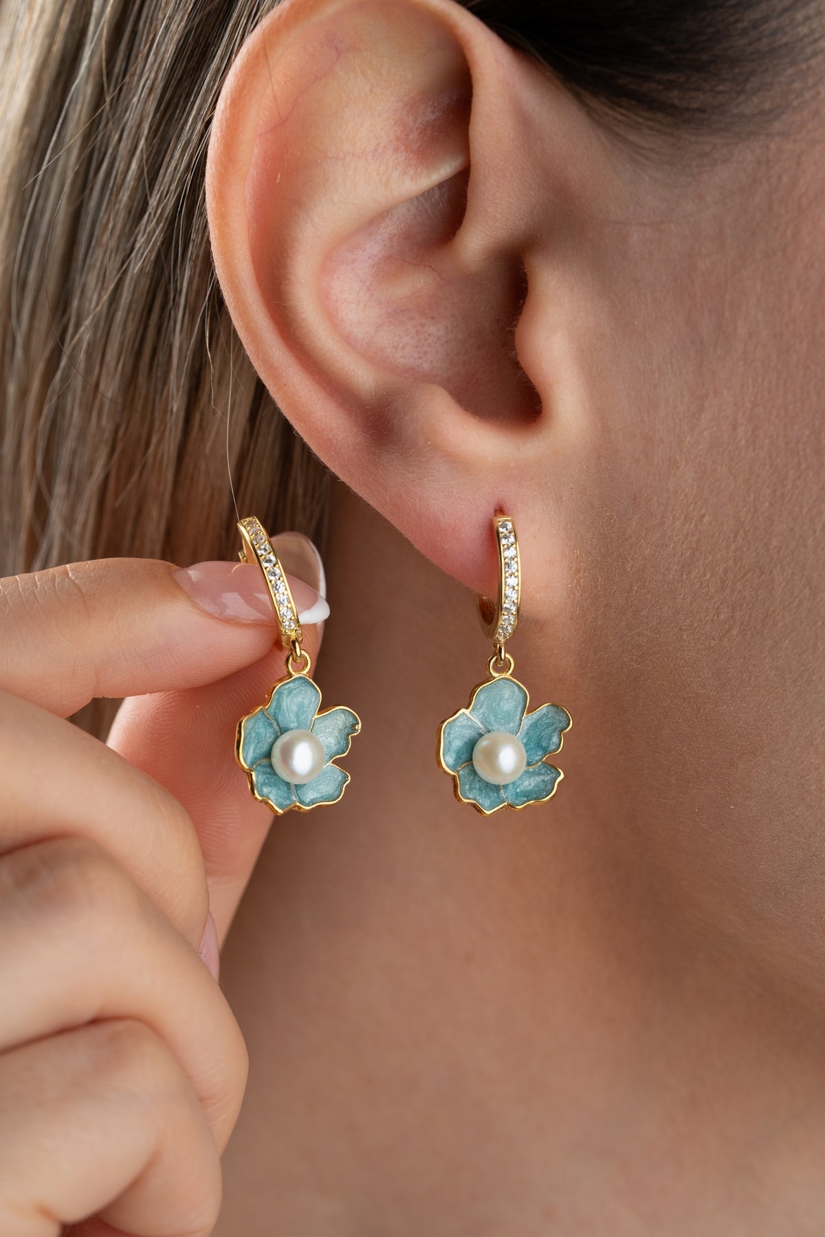 Teal Flower Pearl Drop Earrings