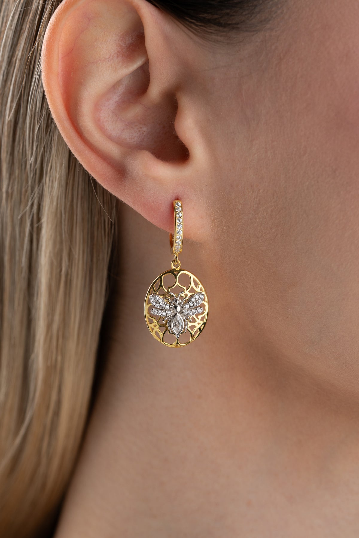 Honeycomb Bee Drop Earrings in Gold