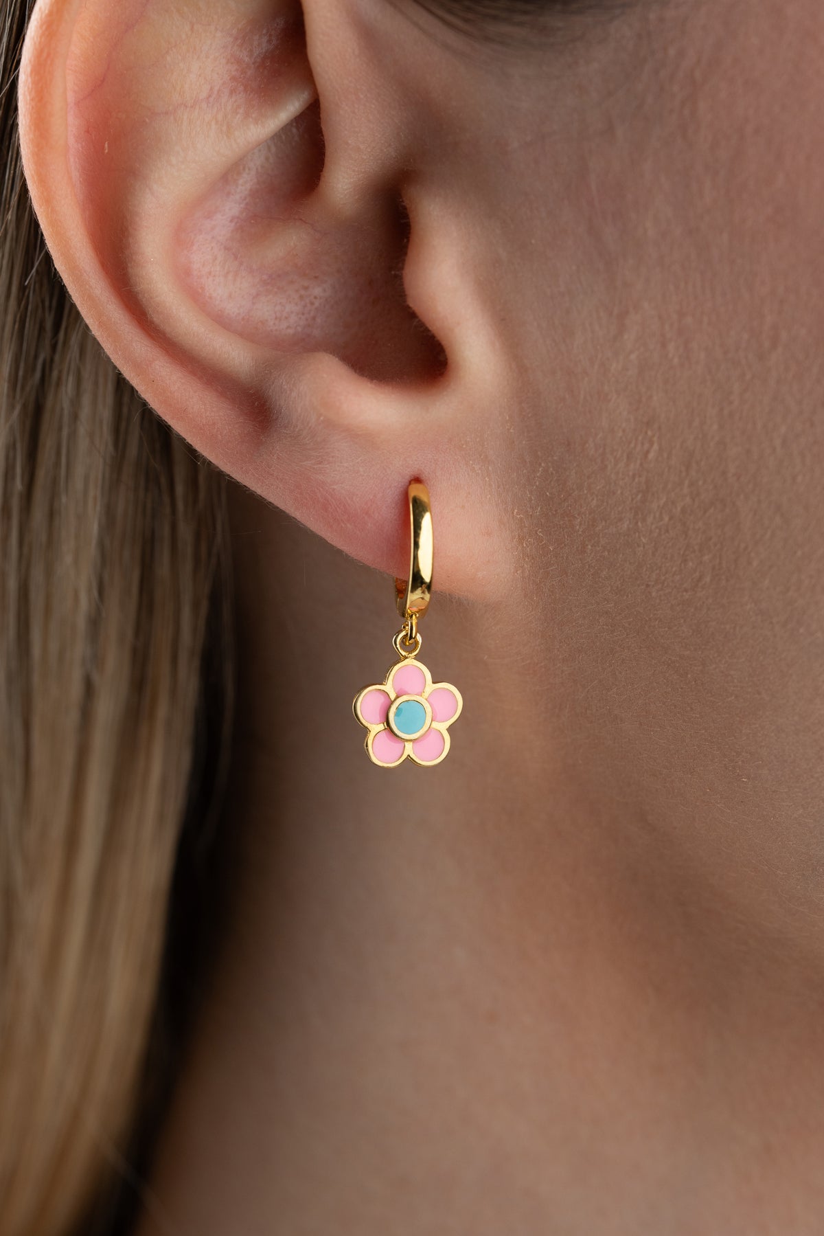 Pink Flower Enamel Huggie Hoop Earrings