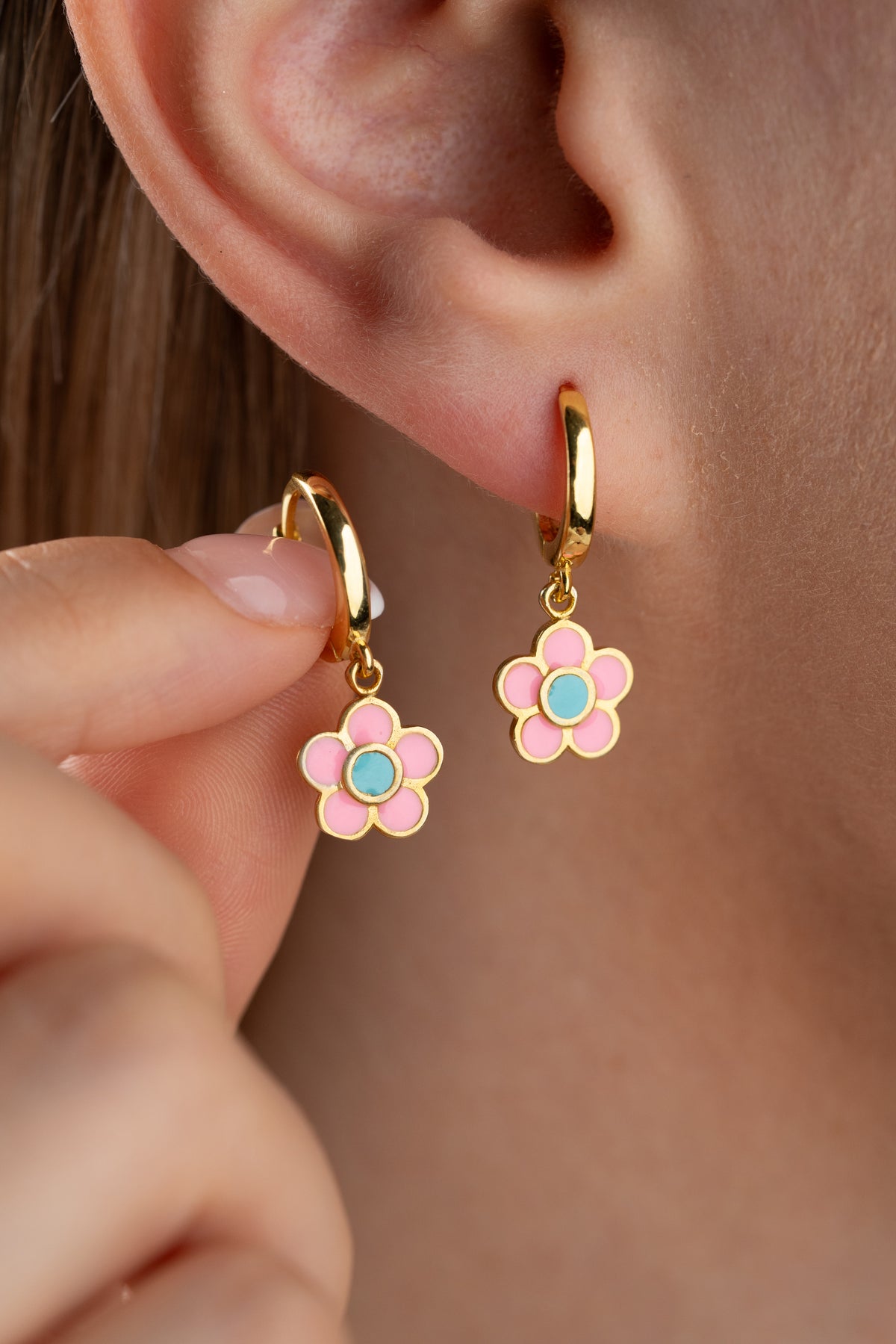 Pink Flower Enamel Huggie Hoop Earrings