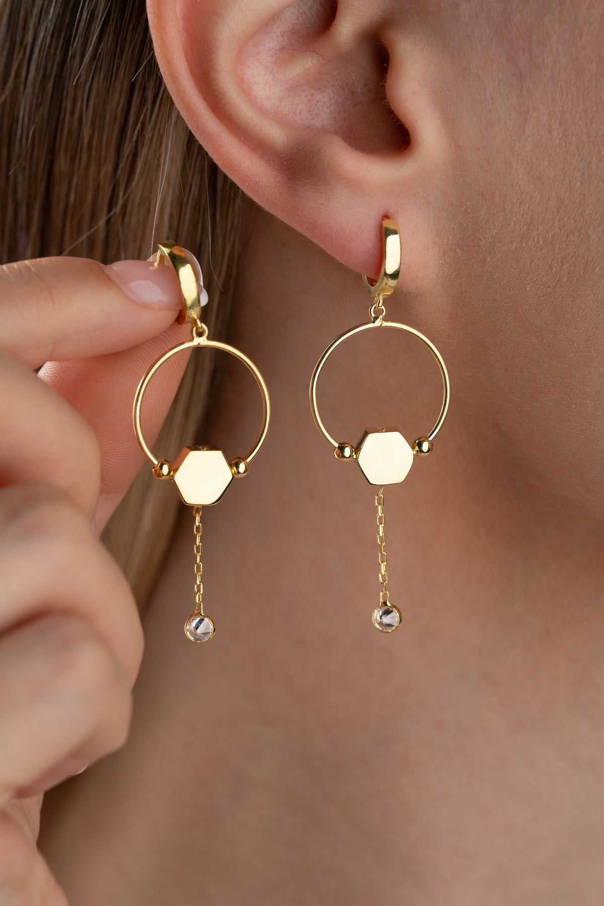 Hexagon Crystal Drop Hoop Earrings