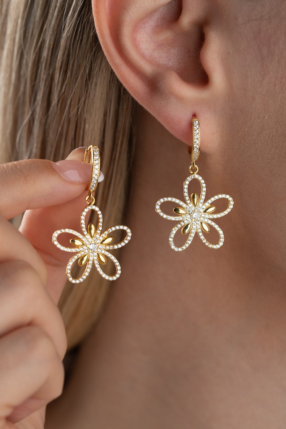 Gold Pave Flower Drop Earrings