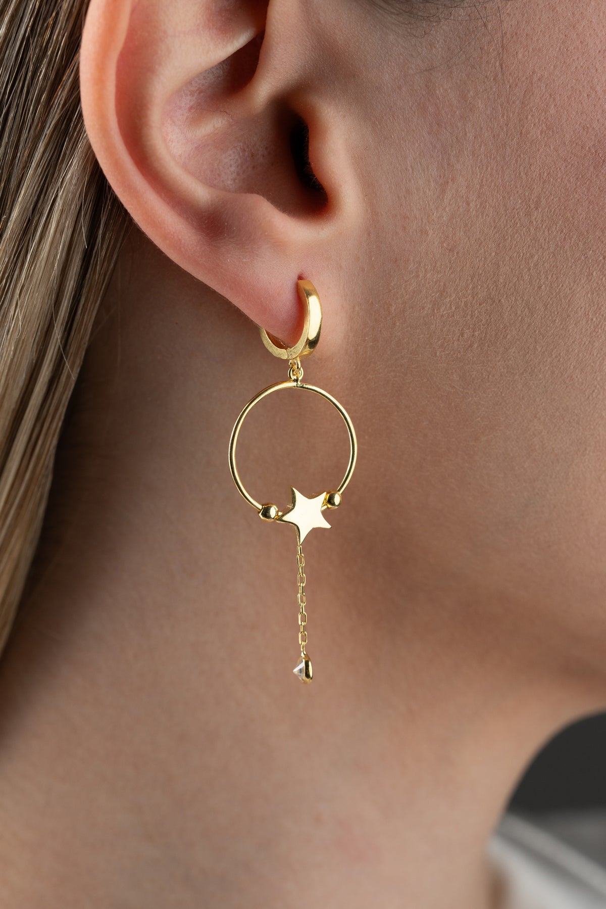 Star Charm Hoop Drop Earrings in Gold
