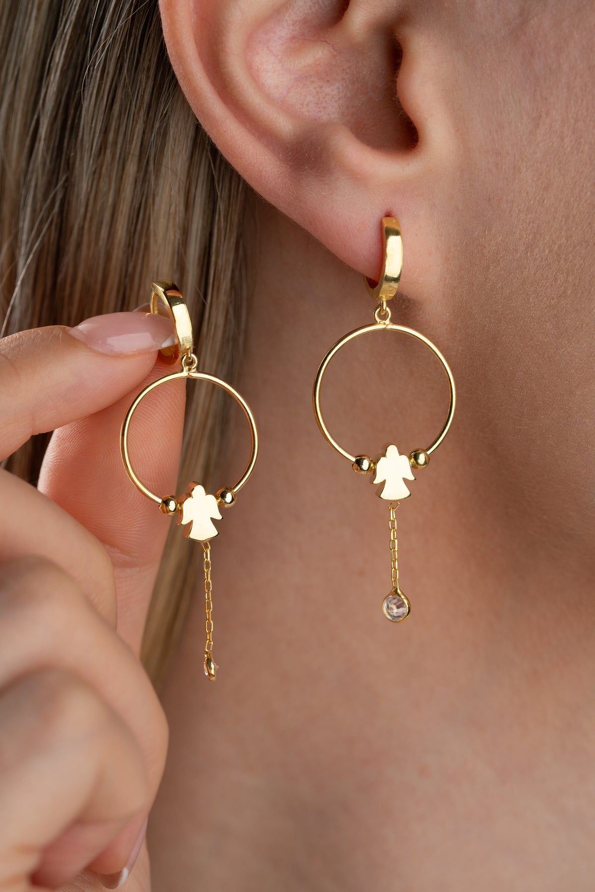 Angel Charm Hoop Drop Earrings in Gold