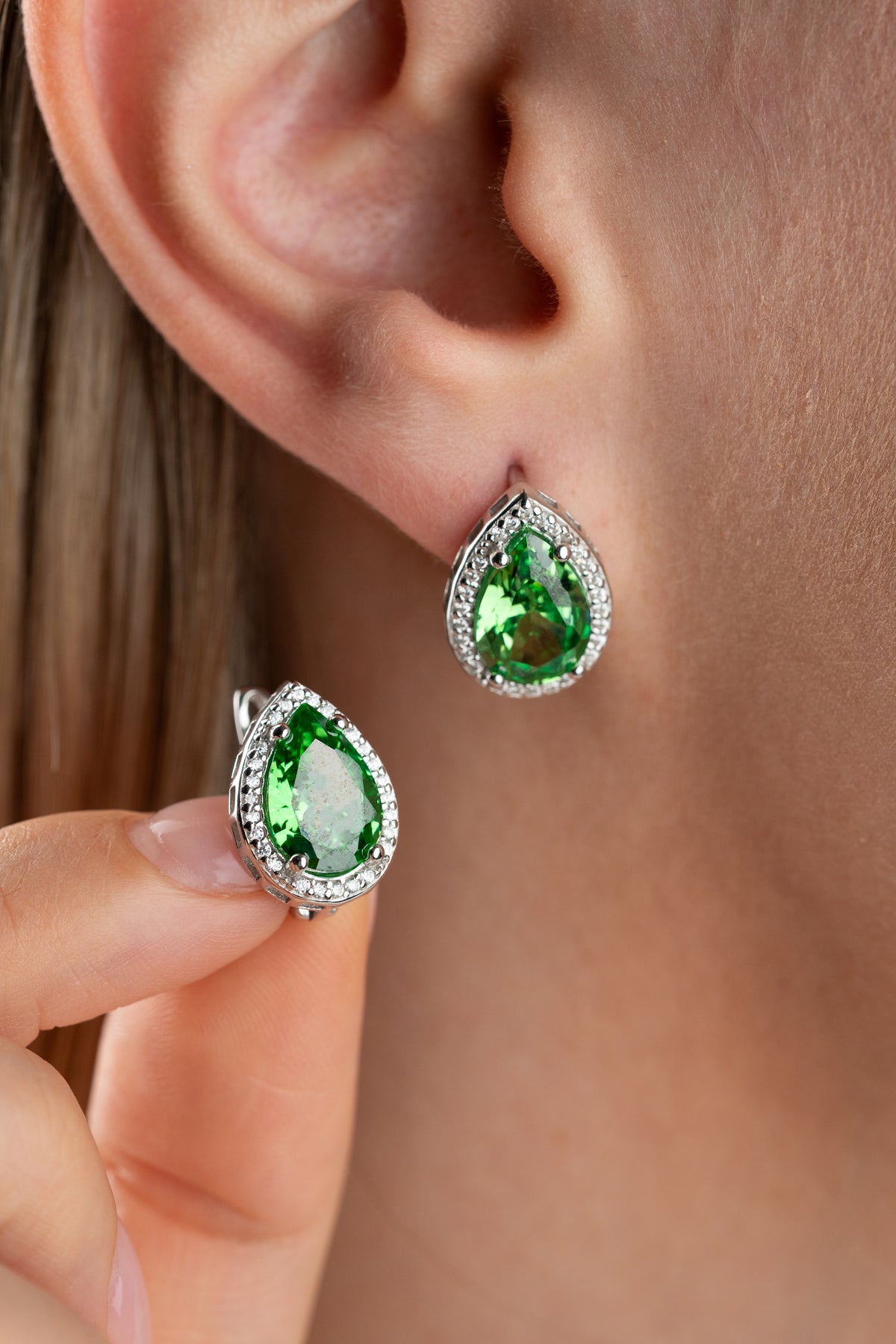 Emerald Green Teardrop Halo Earrings