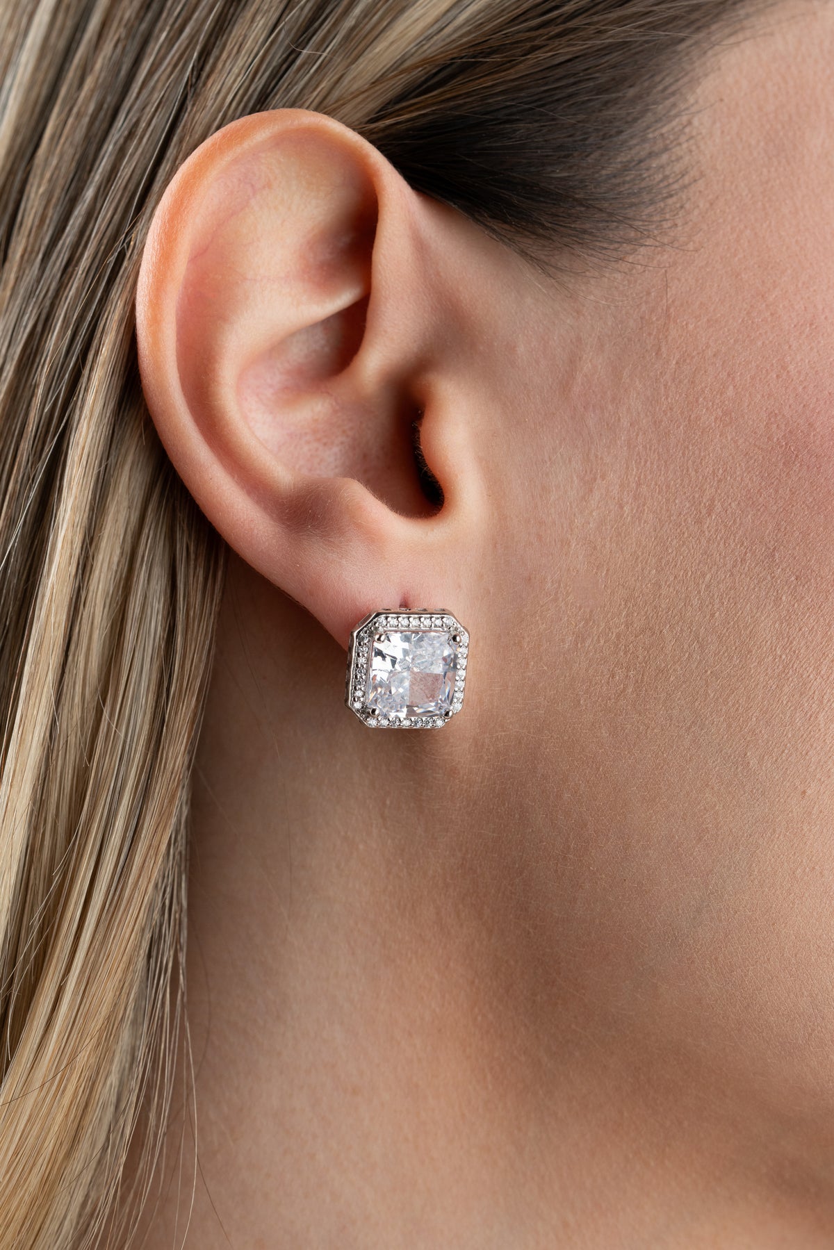 Asscher Cut Halo Drop Earrings in Silver