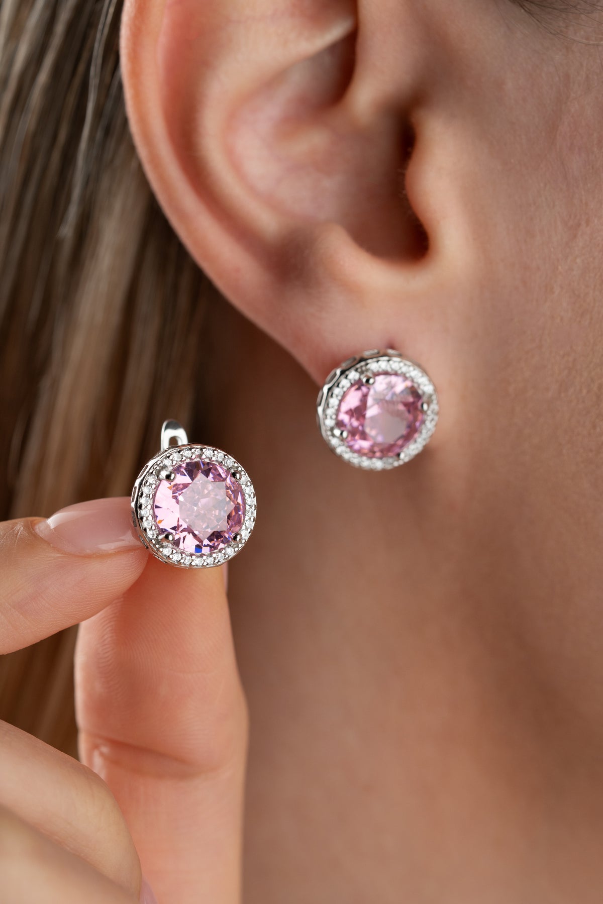 Pink Crystal Halo Earrings in Silver