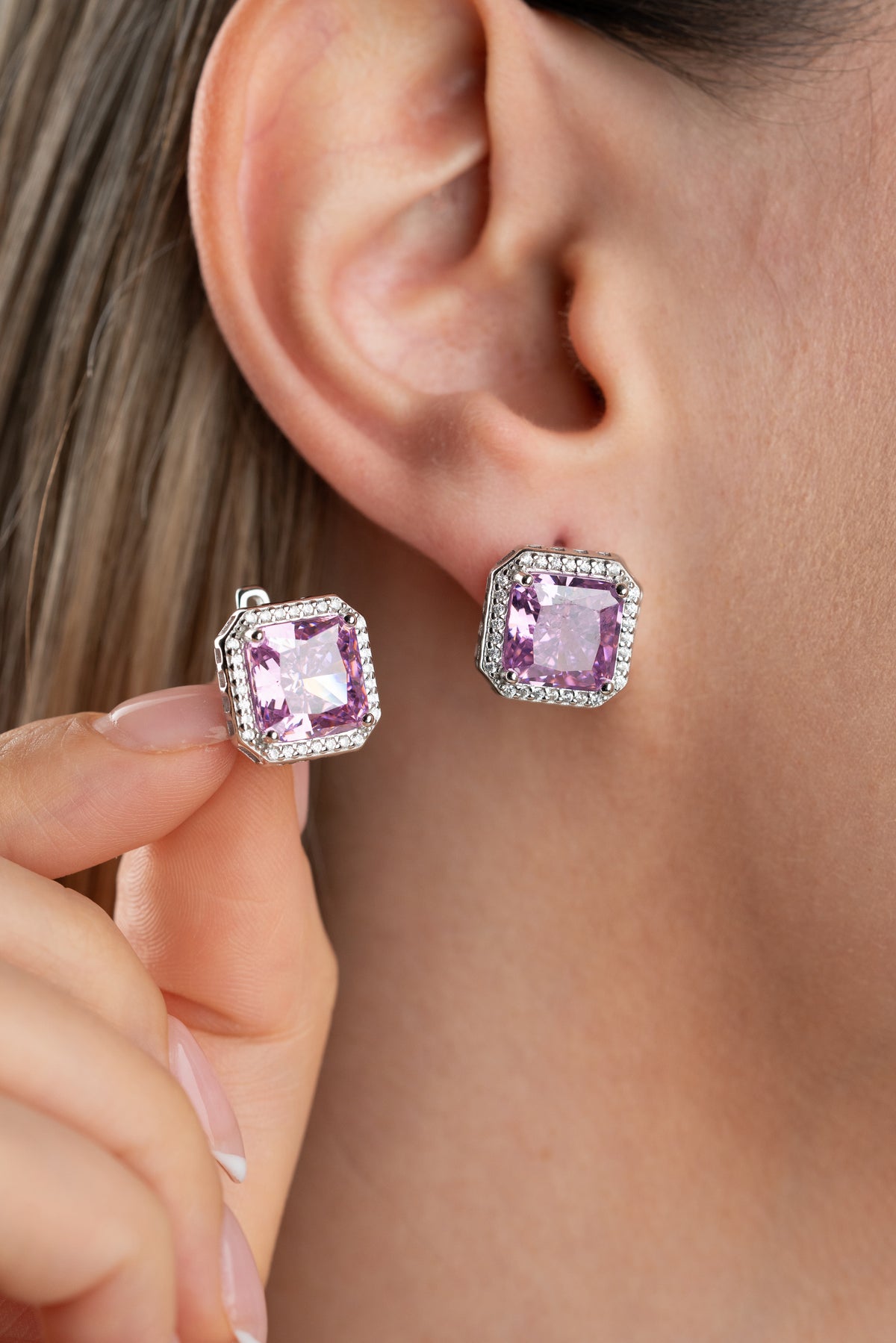 Purple Crystal Halo Stud Earrings