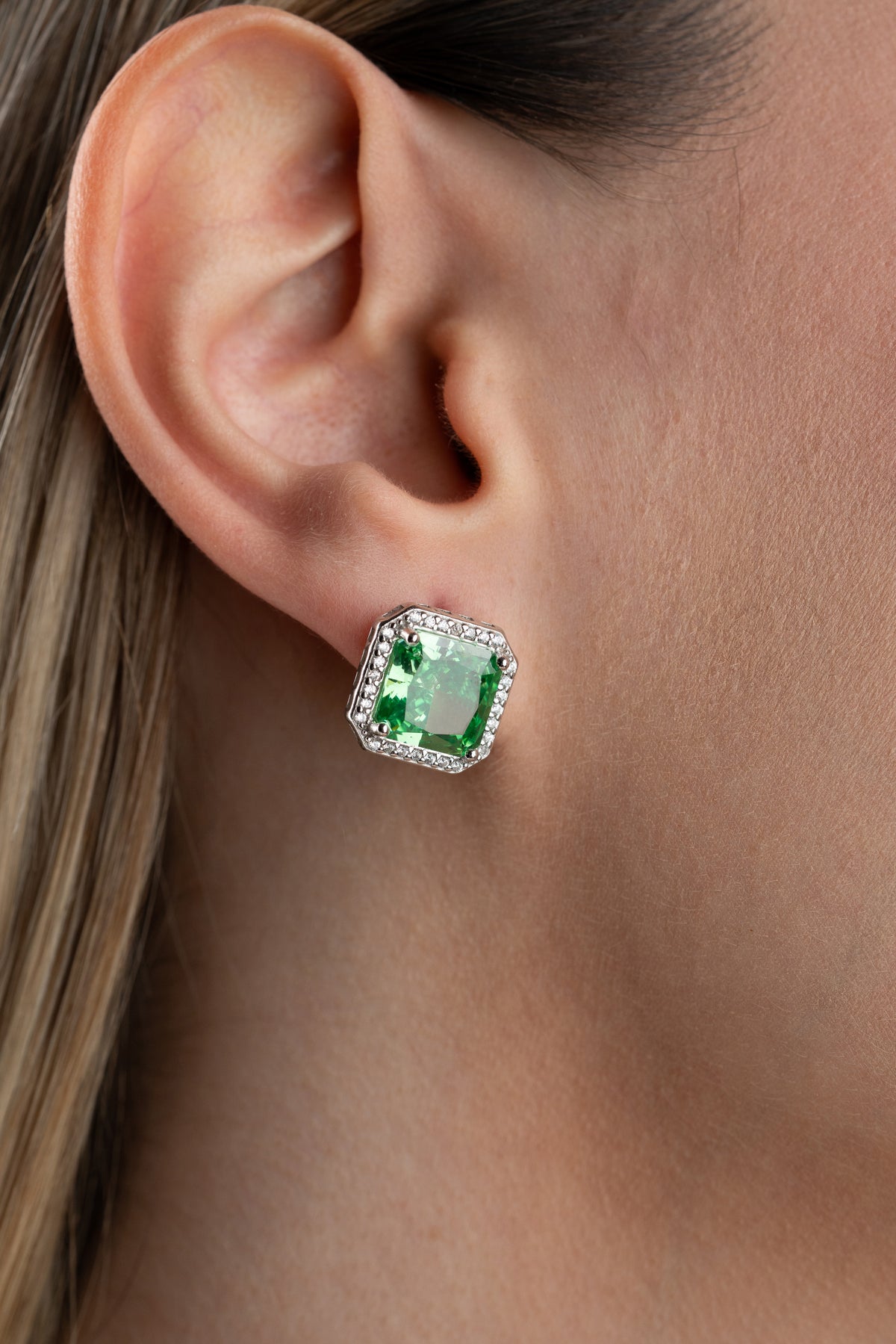Emerald Green Square Halo Stud Earrings
