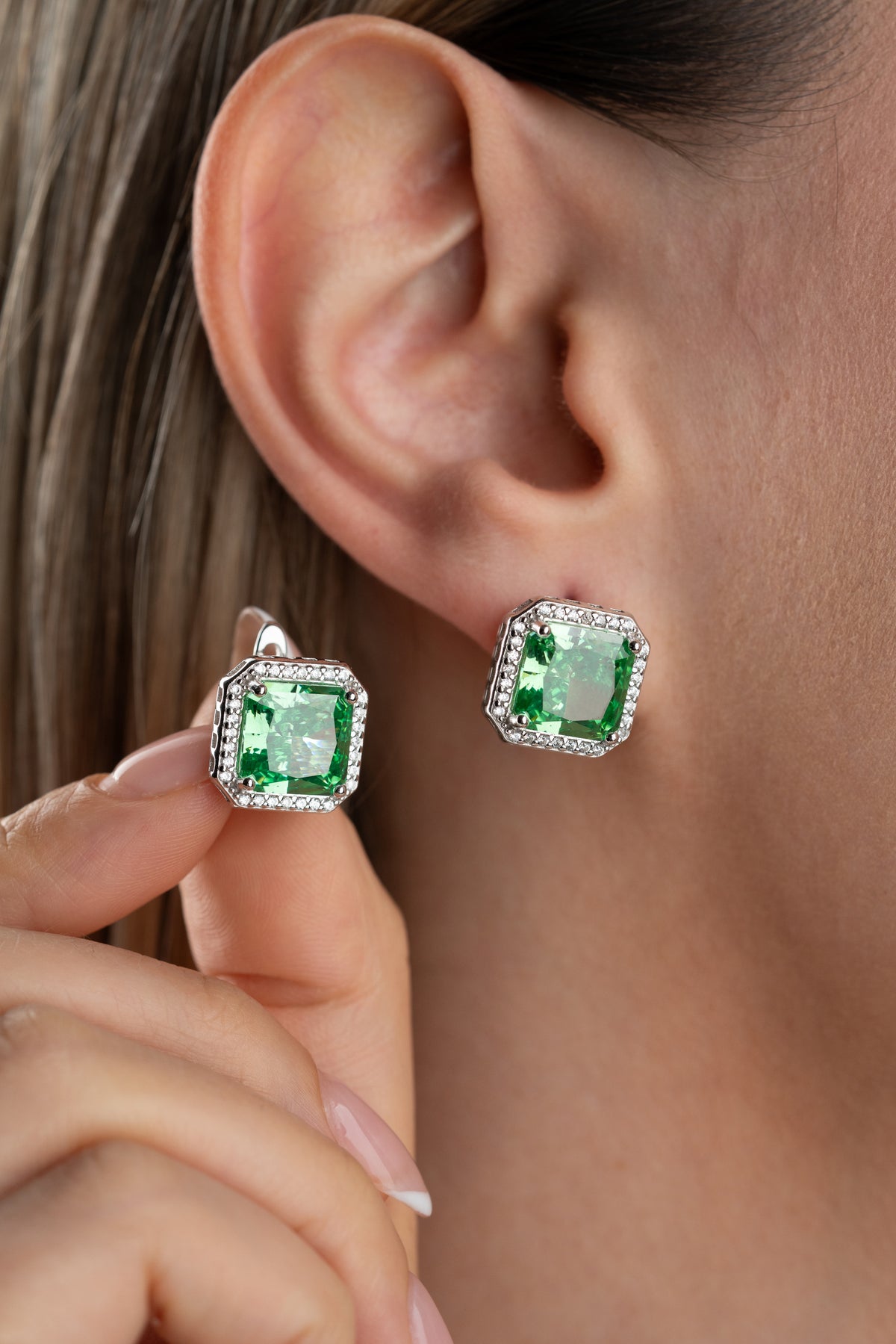 Emerald Green Square Halo Stud Earrings