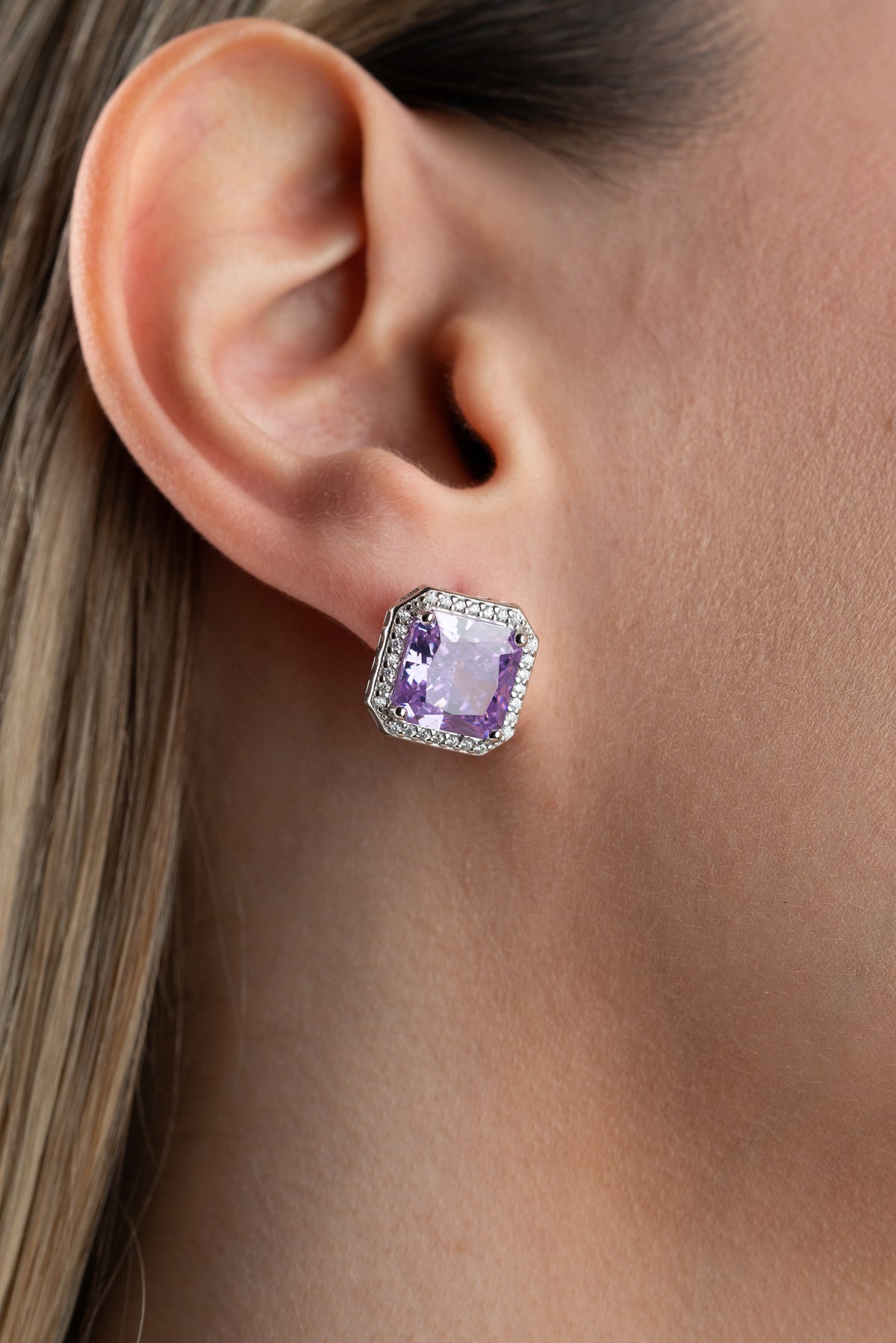 Amethyst Square Halo Stud Earrings