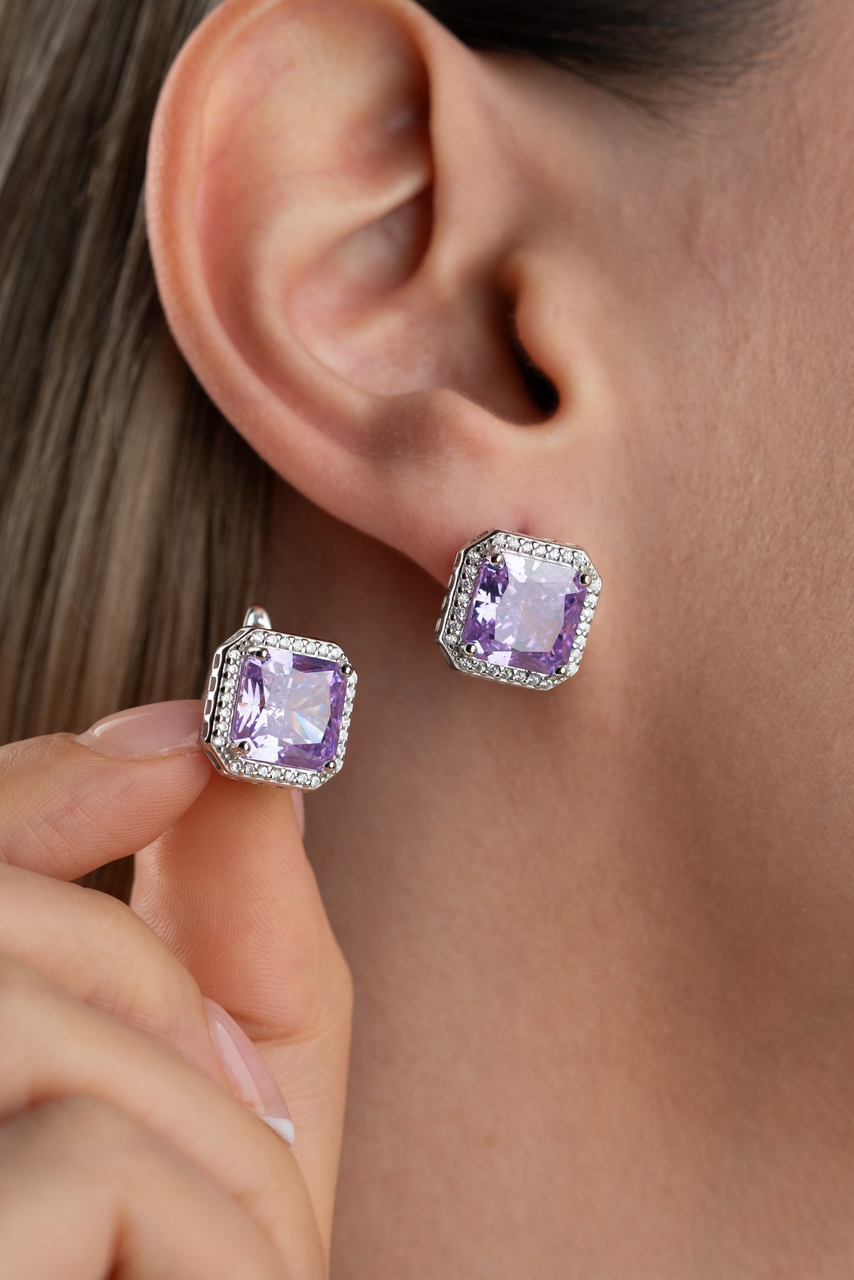 Amethyst Square Halo Stud Earrings