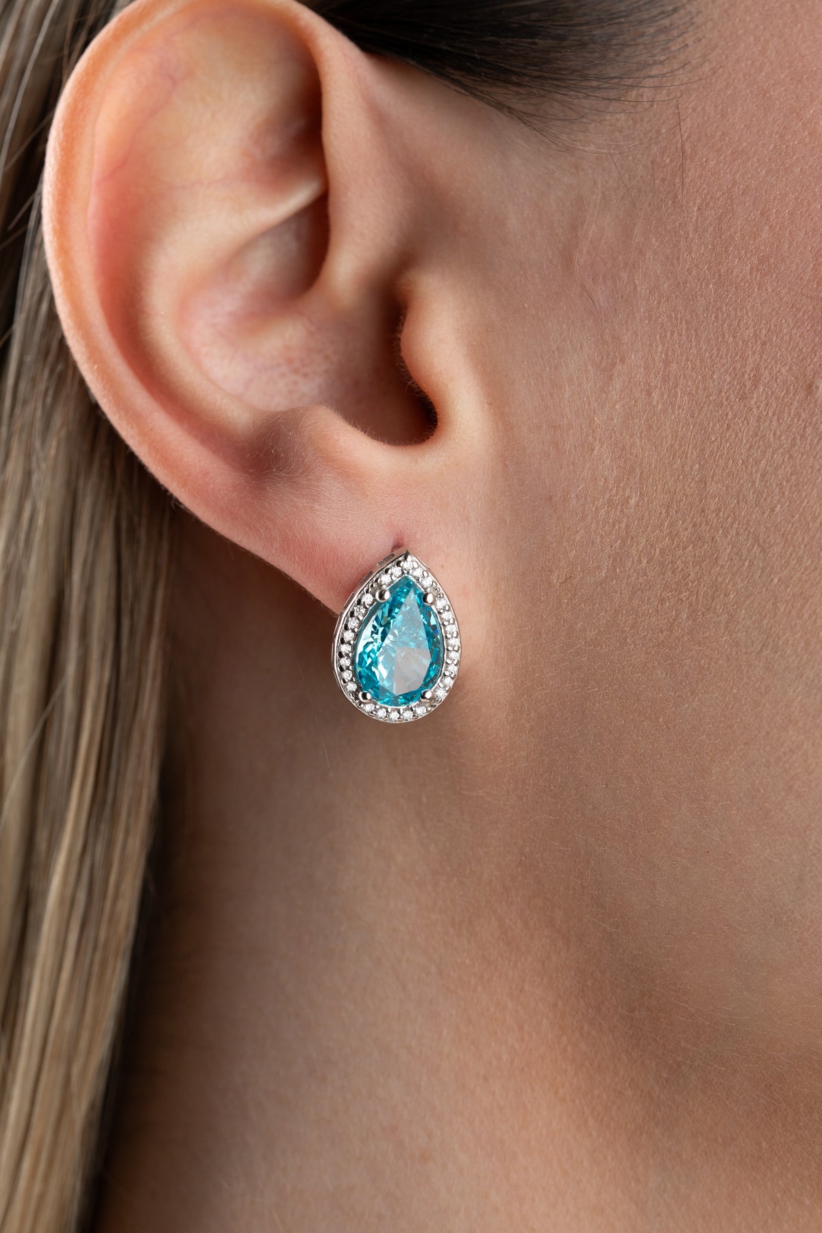 Aquamarine Teardrop Halo Earrings in Silver