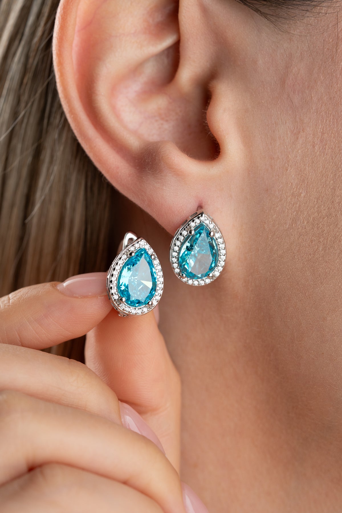 Aquamarine Teardrop Halo Earrings in Silver