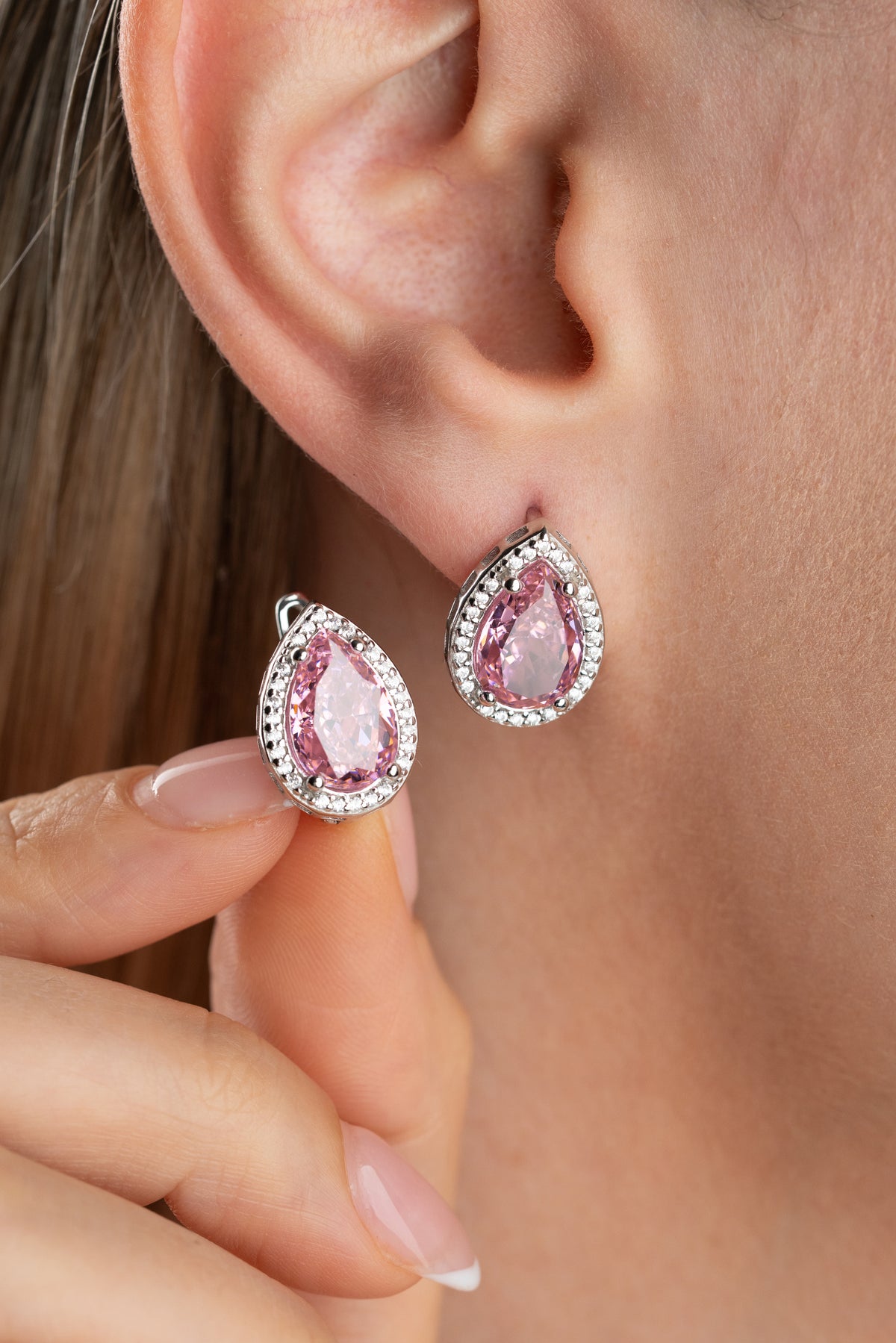 Pink Teardrop Halo Earrings