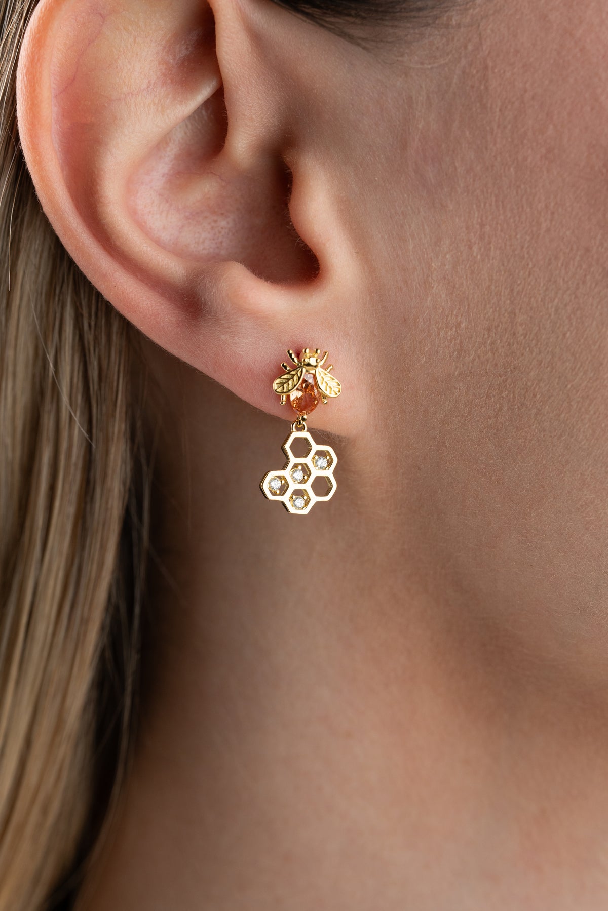 Bee Honeycomb Drop Earrings in Gold