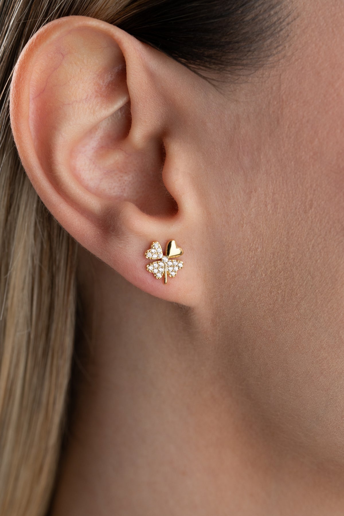Pave Four Leaf Clover Heart Stud Earrings