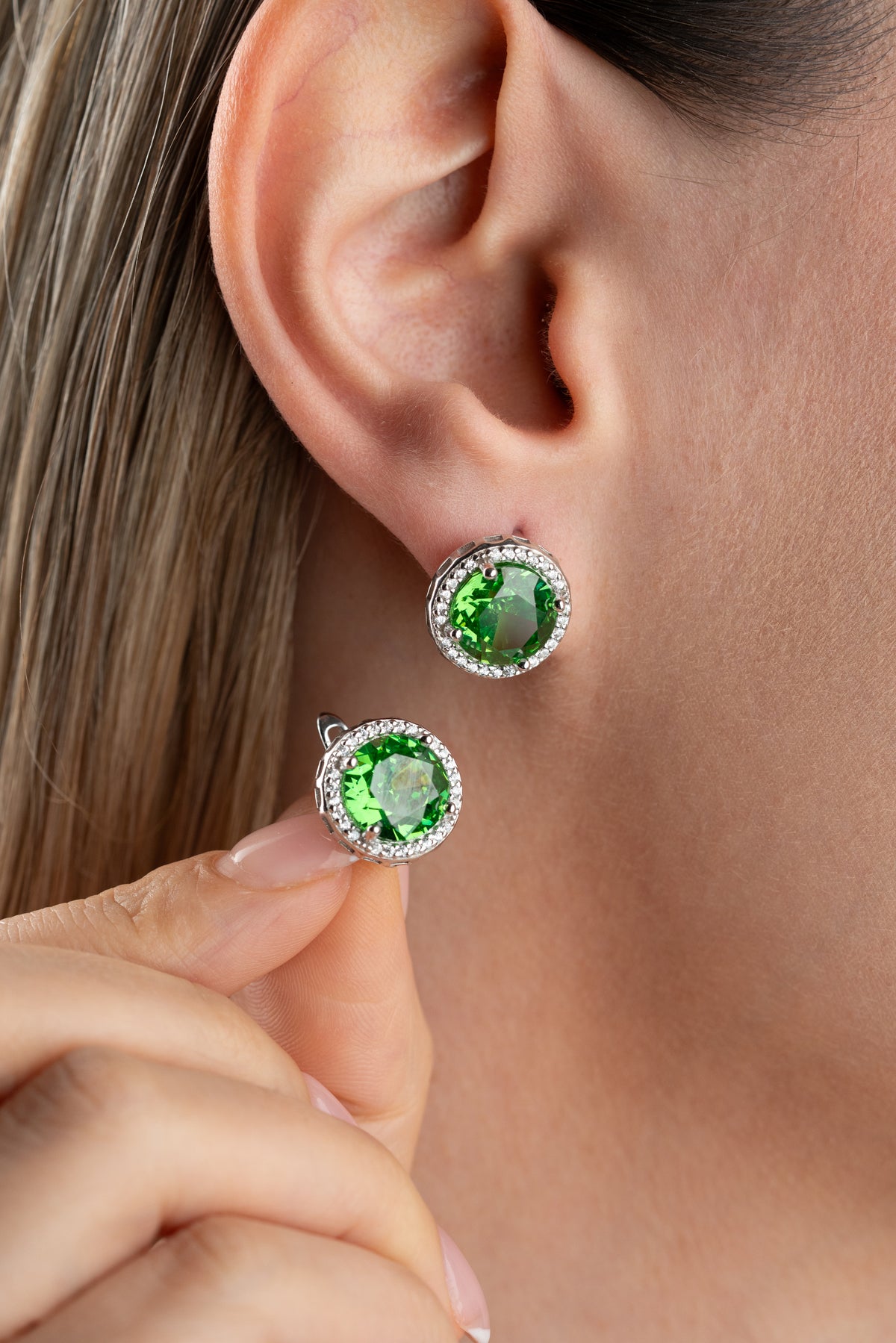 Emerald Green Halo Stud Earrings