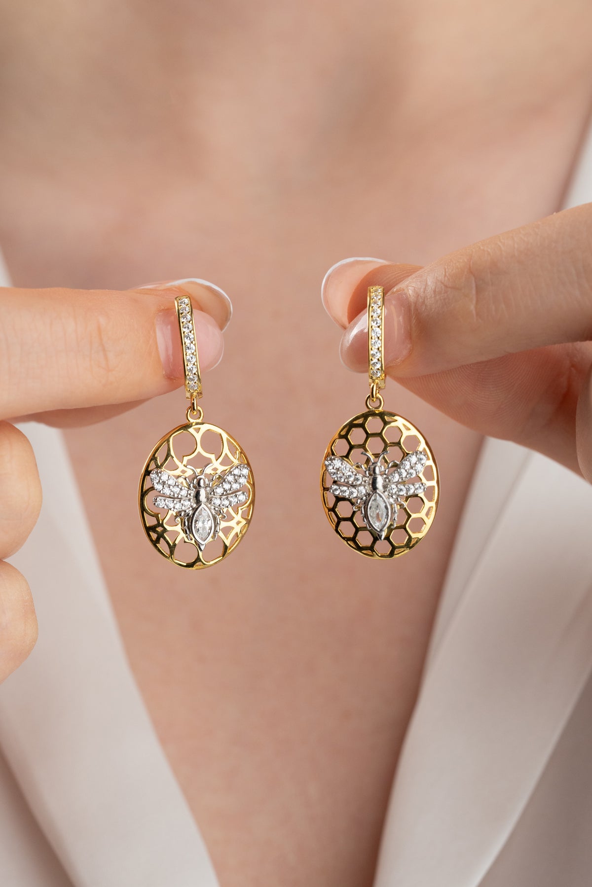 Honeycomb Bee Drop Earrings in Gold