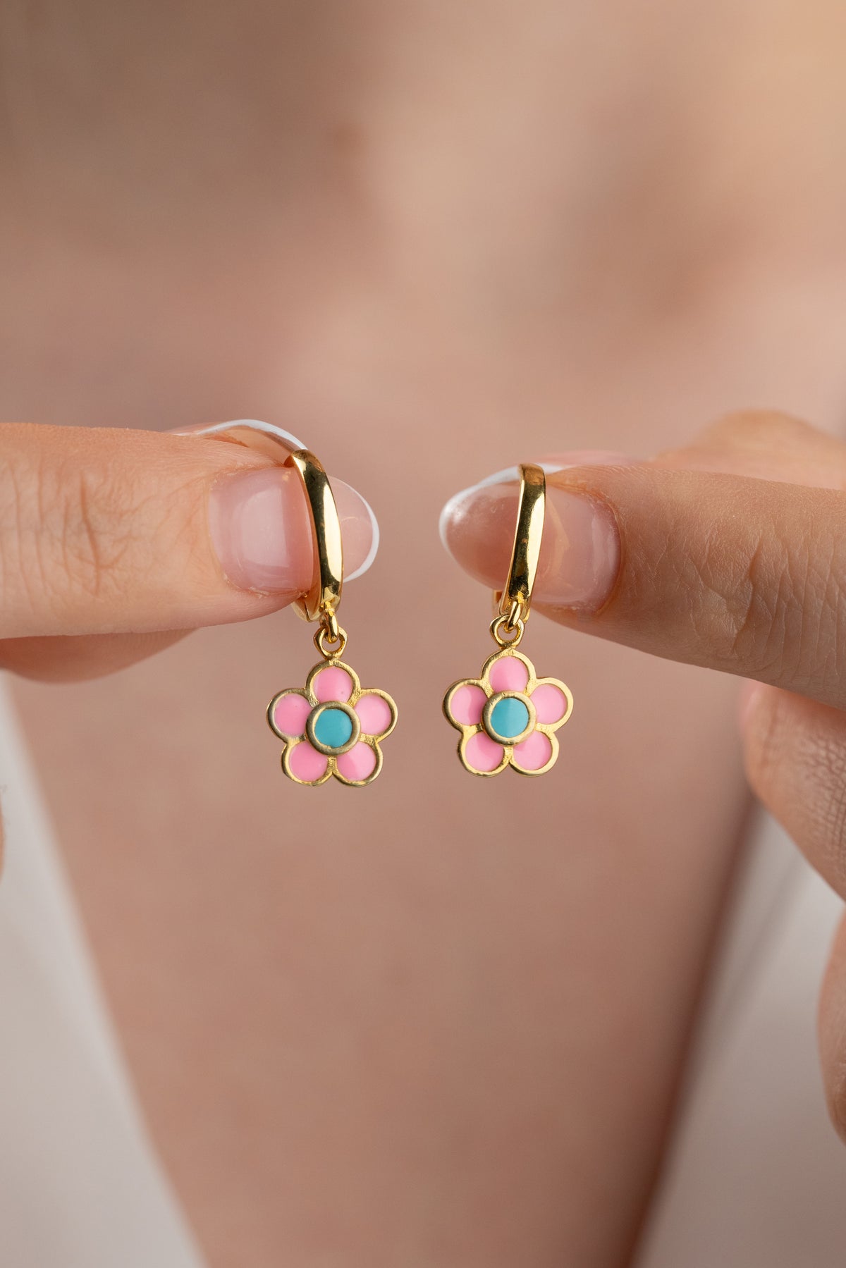 Pink Flower Enamel Huggie Hoop Earrings