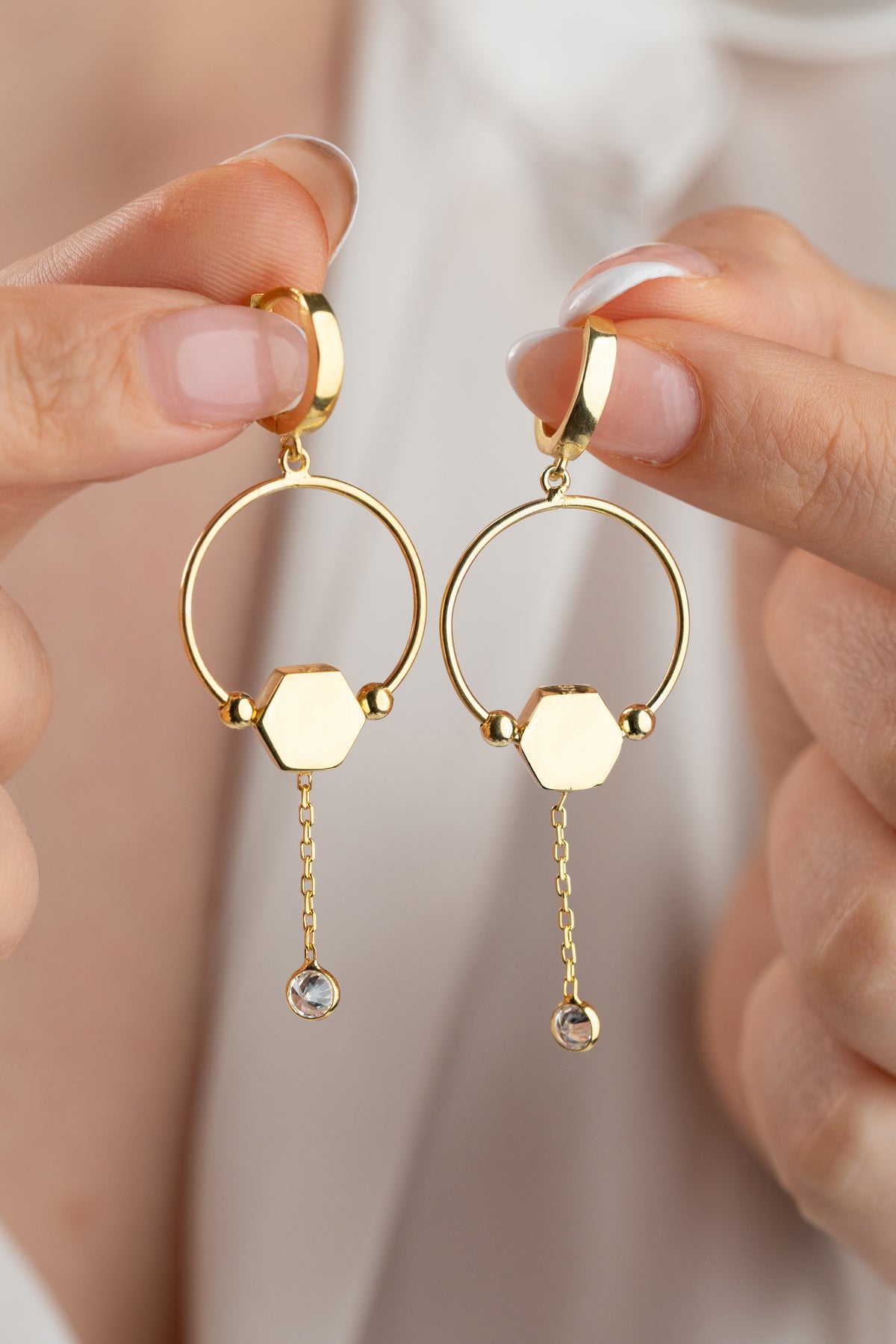 Hexagon Crystal Drop Hoop Earrings