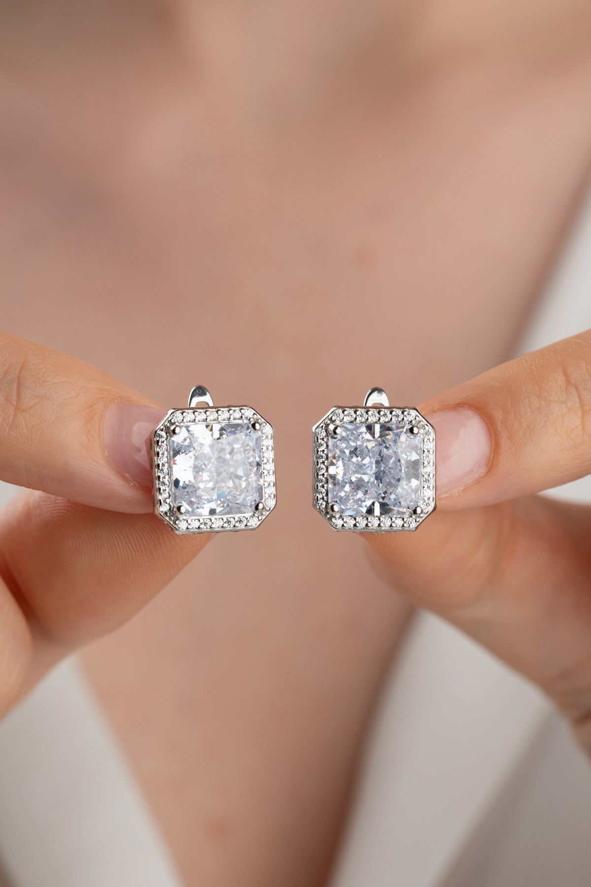 Asscher Cut Halo Drop Earrings in Silver
