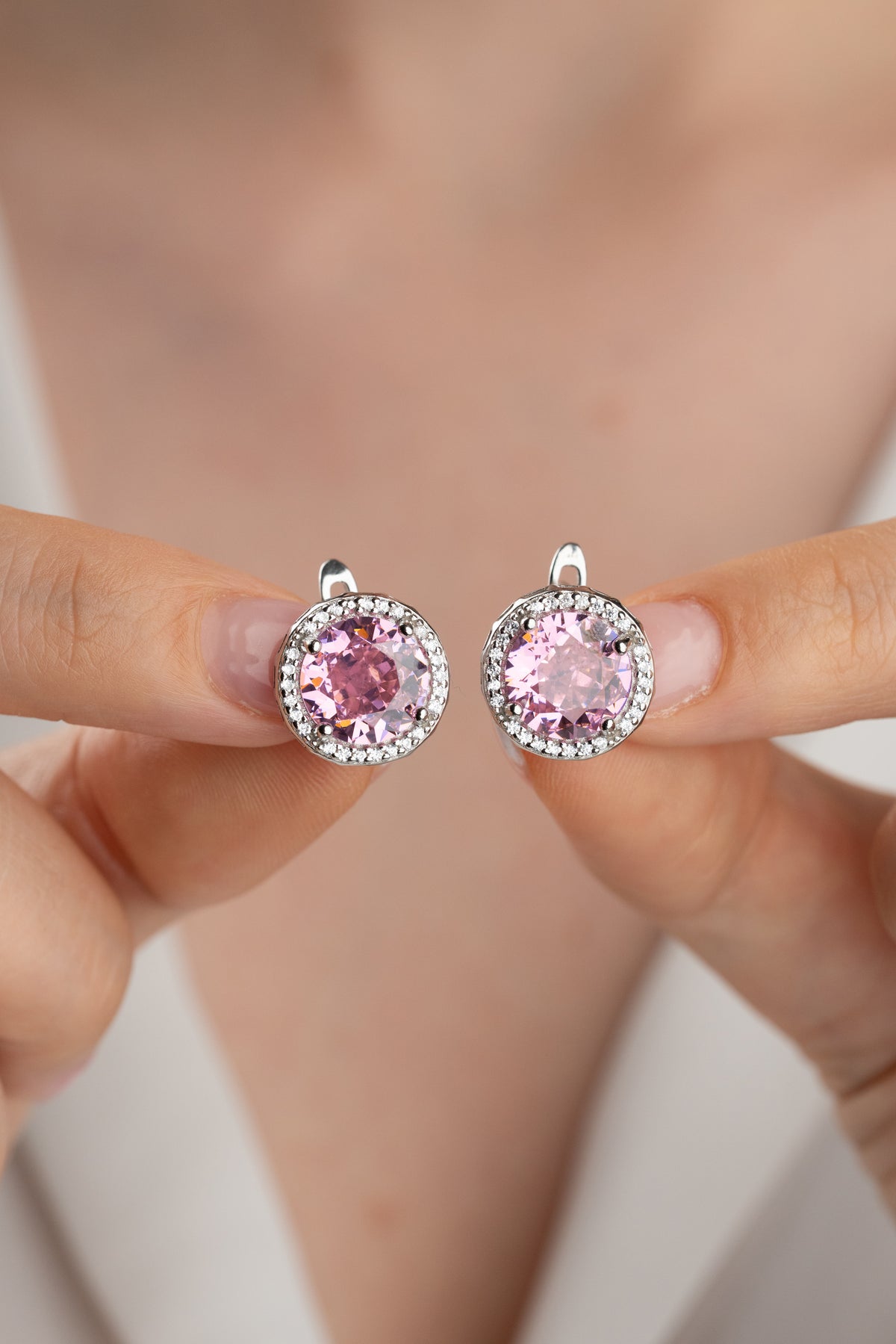 Pink Crystal Halo Earrings in Silver