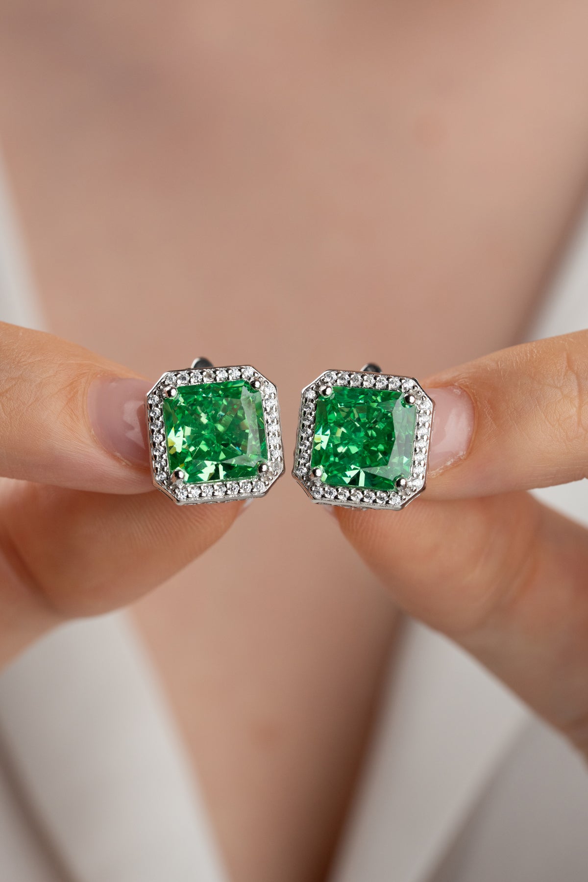 Emerald Green Square Halo Stud Earrings